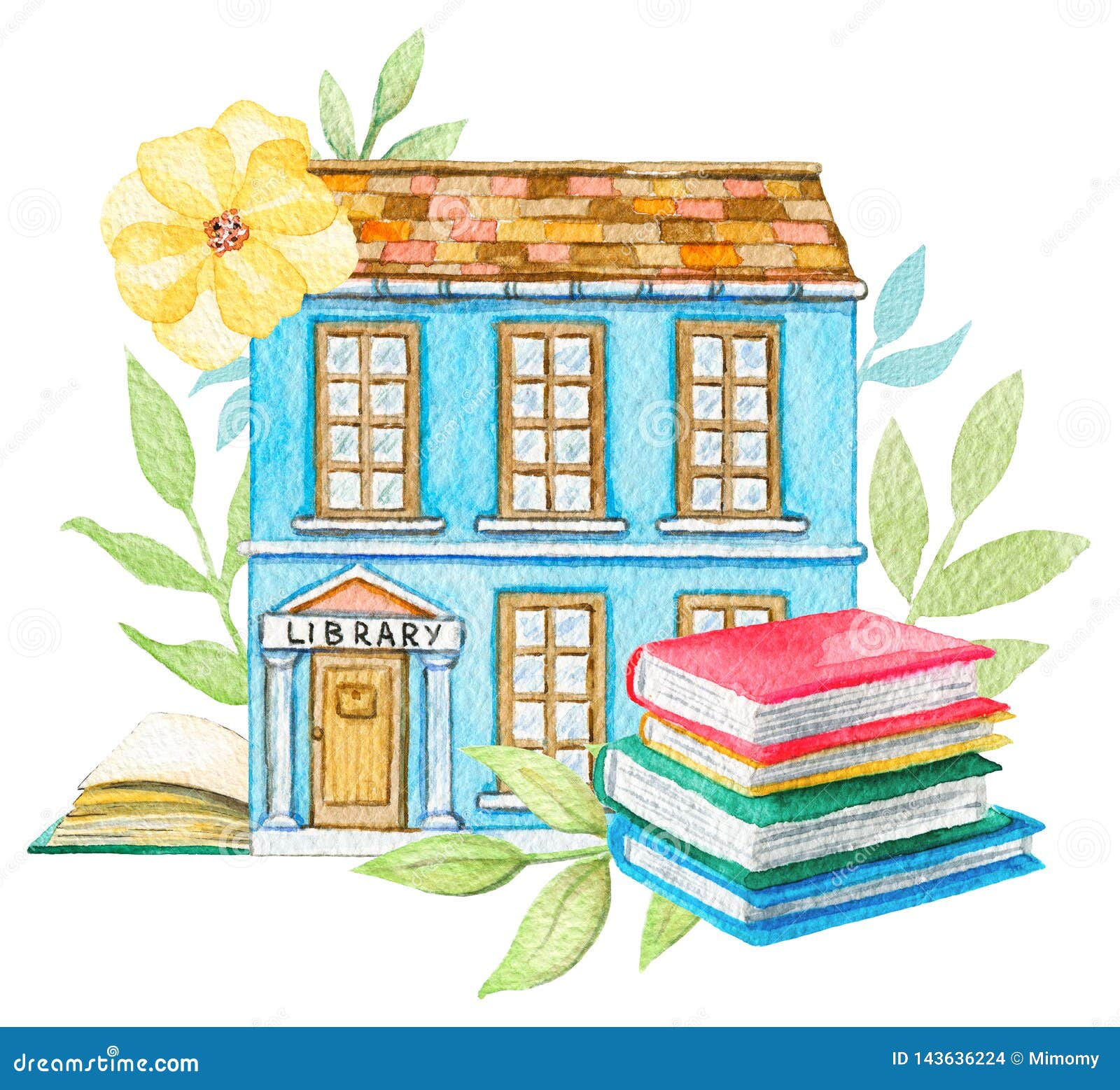 Watercolor Blue Cartoon Library Building in Flowers with Pile of Books  Stock Illustration - Illustration of house, cute: 143636224