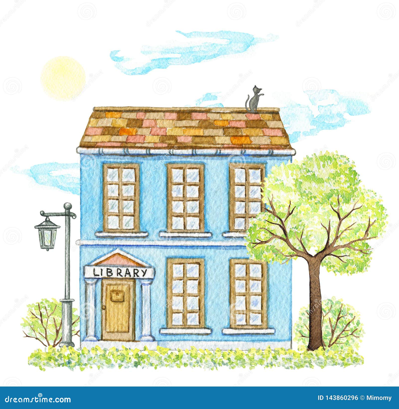 Watercolor Blue Cartoon Library Building Surrounded Landscape Stock  Illustration - Illustration of classic, element: 143860296