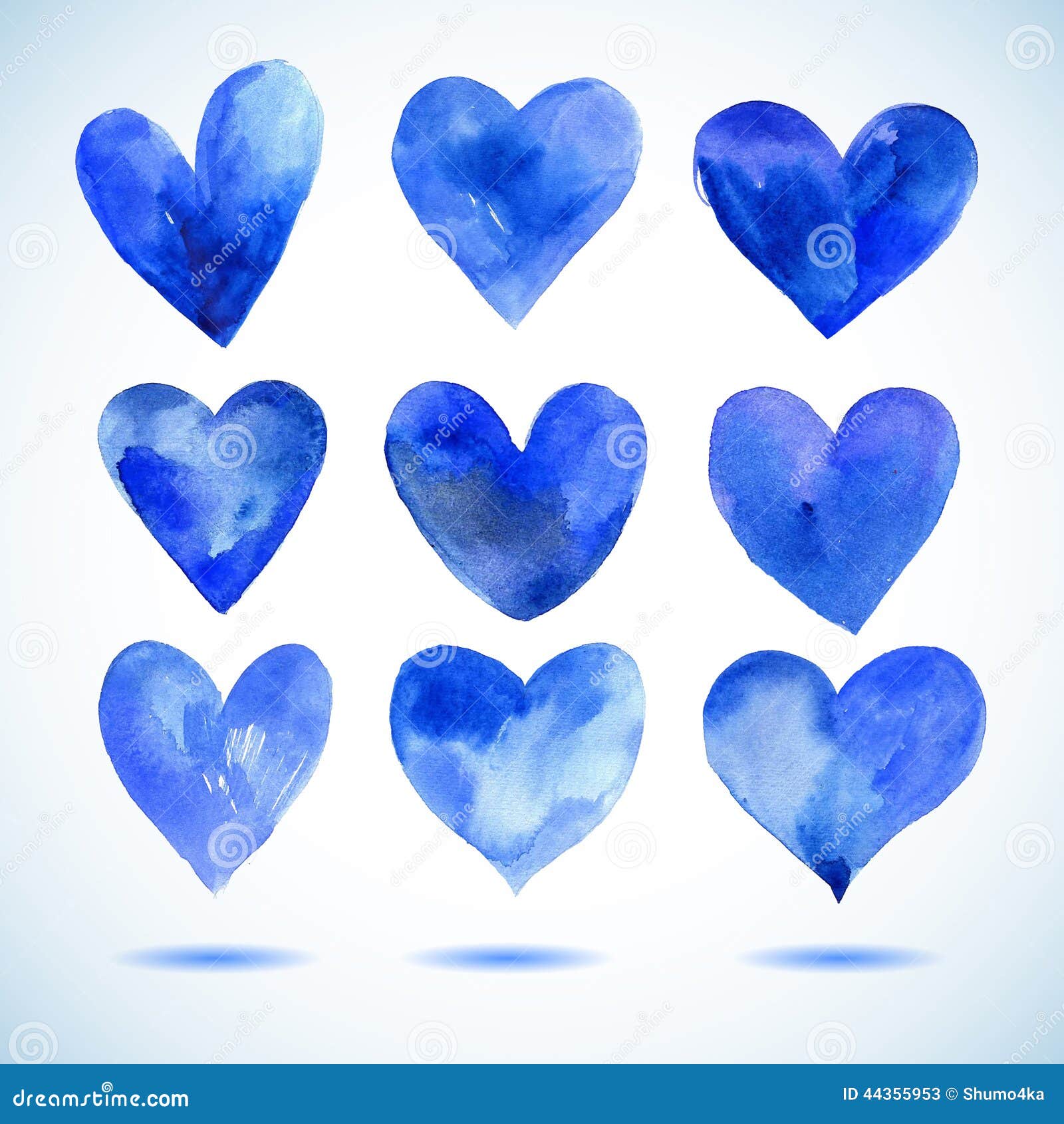 Watercolor Blue Painted Heart Set,vector Elements for Your Design Stock