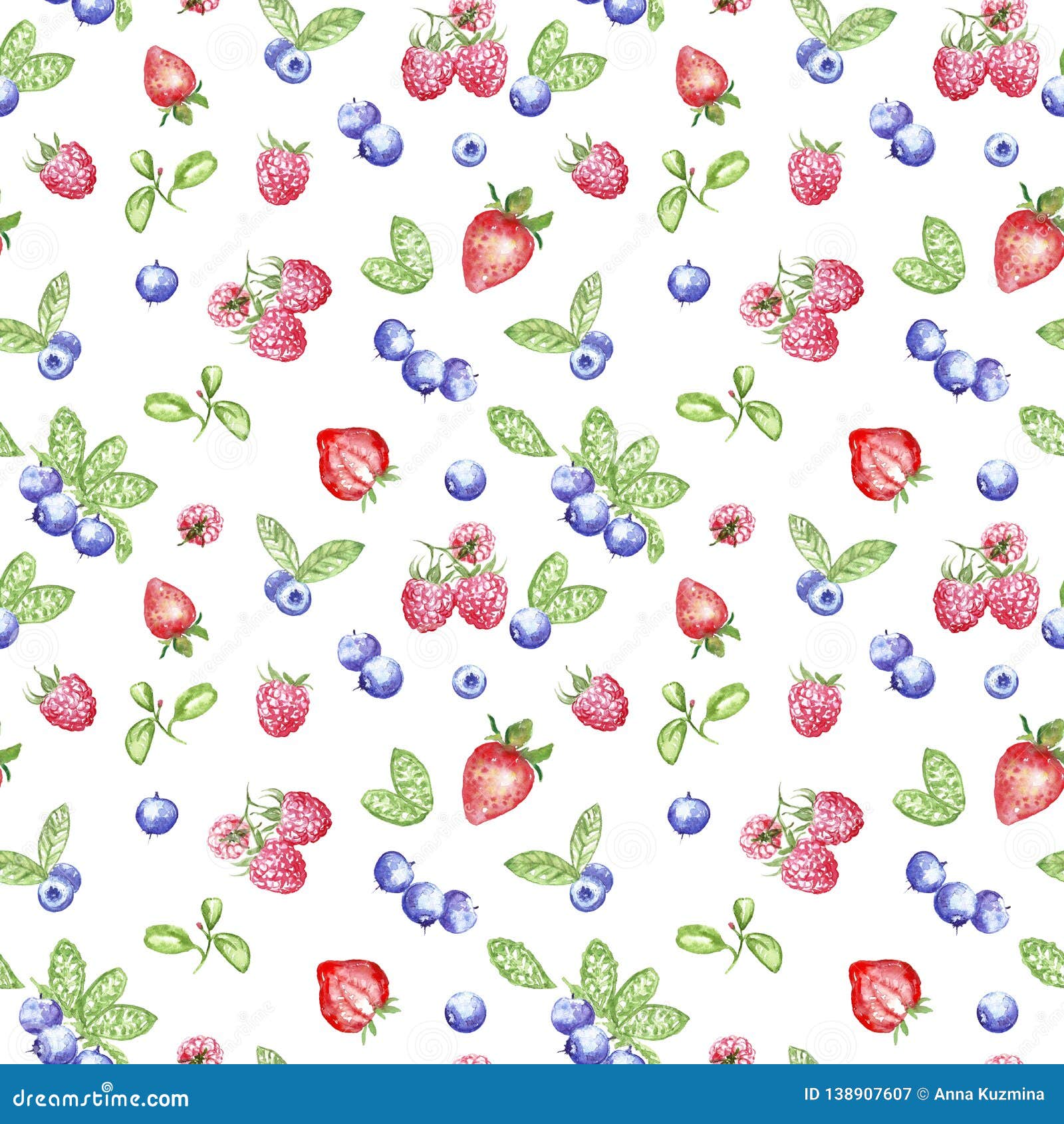 Watercolor Blueberry, Strawberry and Raspberries Seamless Pattern on