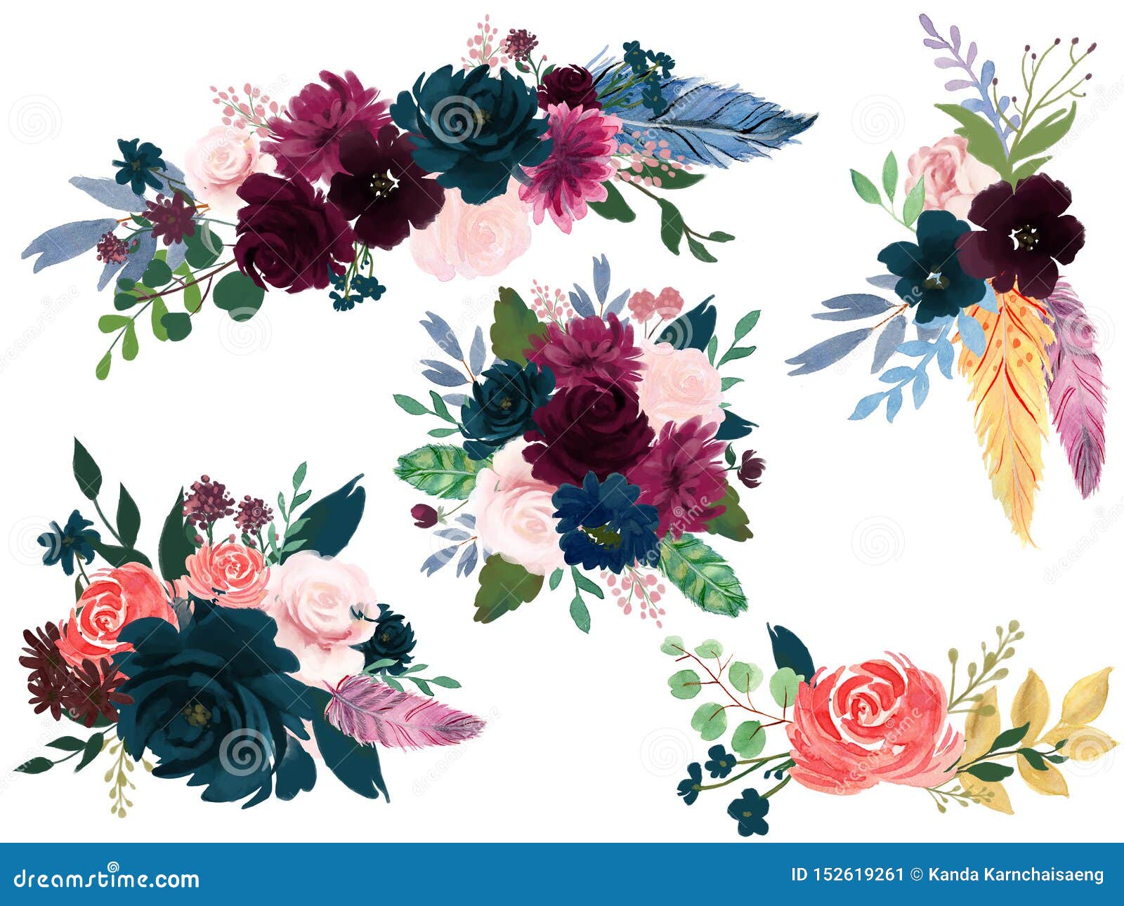 Watercolor Bohemian Floral Composition Pink Wine Marsala and Navy Blue  Floral Bouquet Stock Illustration - Illustration of design, greeting:  152619261