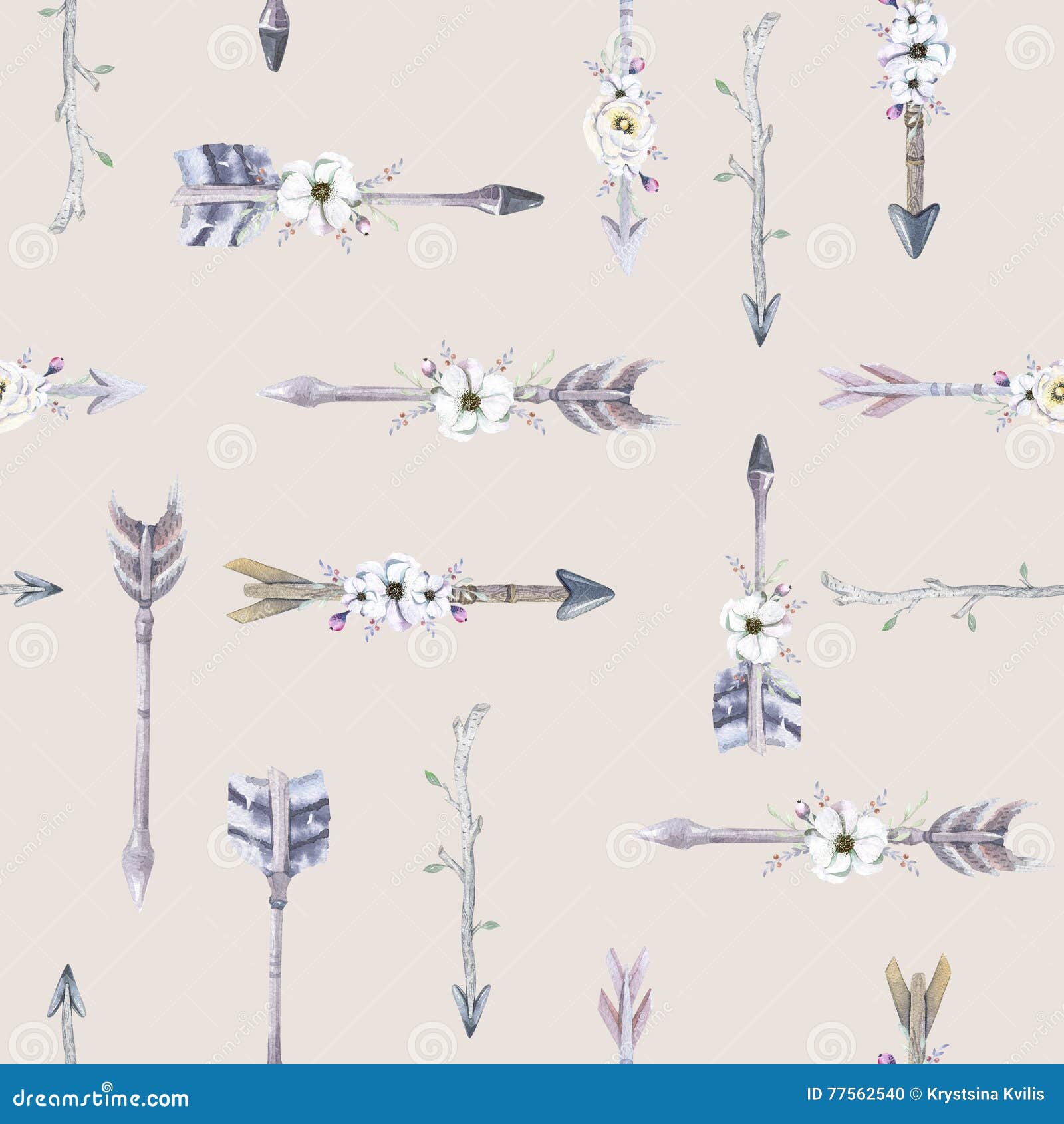 watercolor boho seamless pattern with teepee arrows and feather