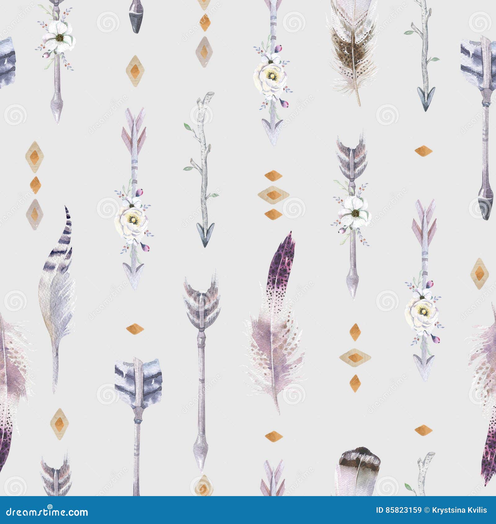 Watercolor Boho Seamless Pattern with Teepee, Arrows and Feather Stock ...