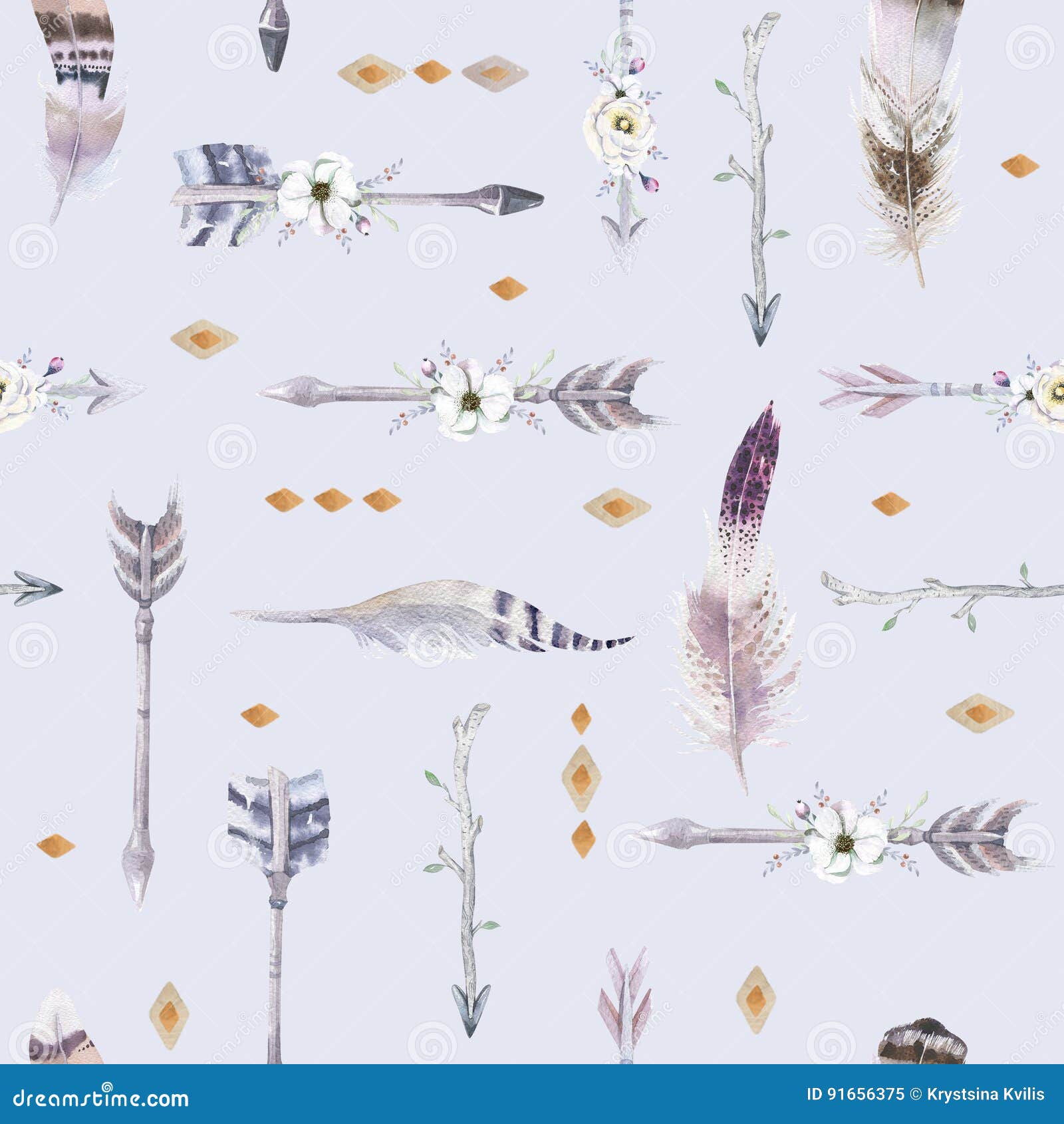 Watercolor Boho Seamless Pattern with Teepee, Arrows and Feather Stock ...