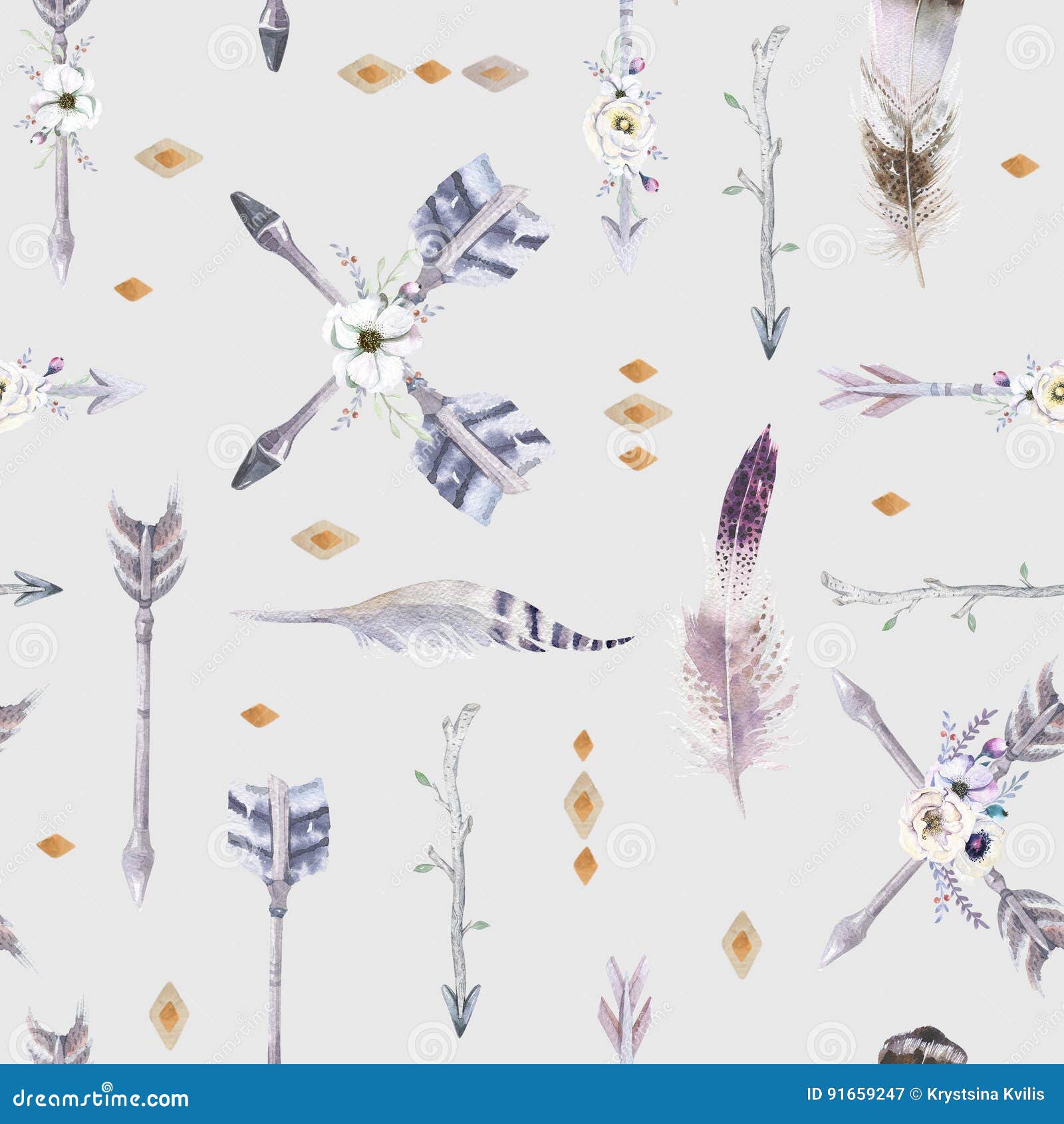 Watercolor Boho Seamless Pattern with Teepee, Arrows and Feather Stock ...