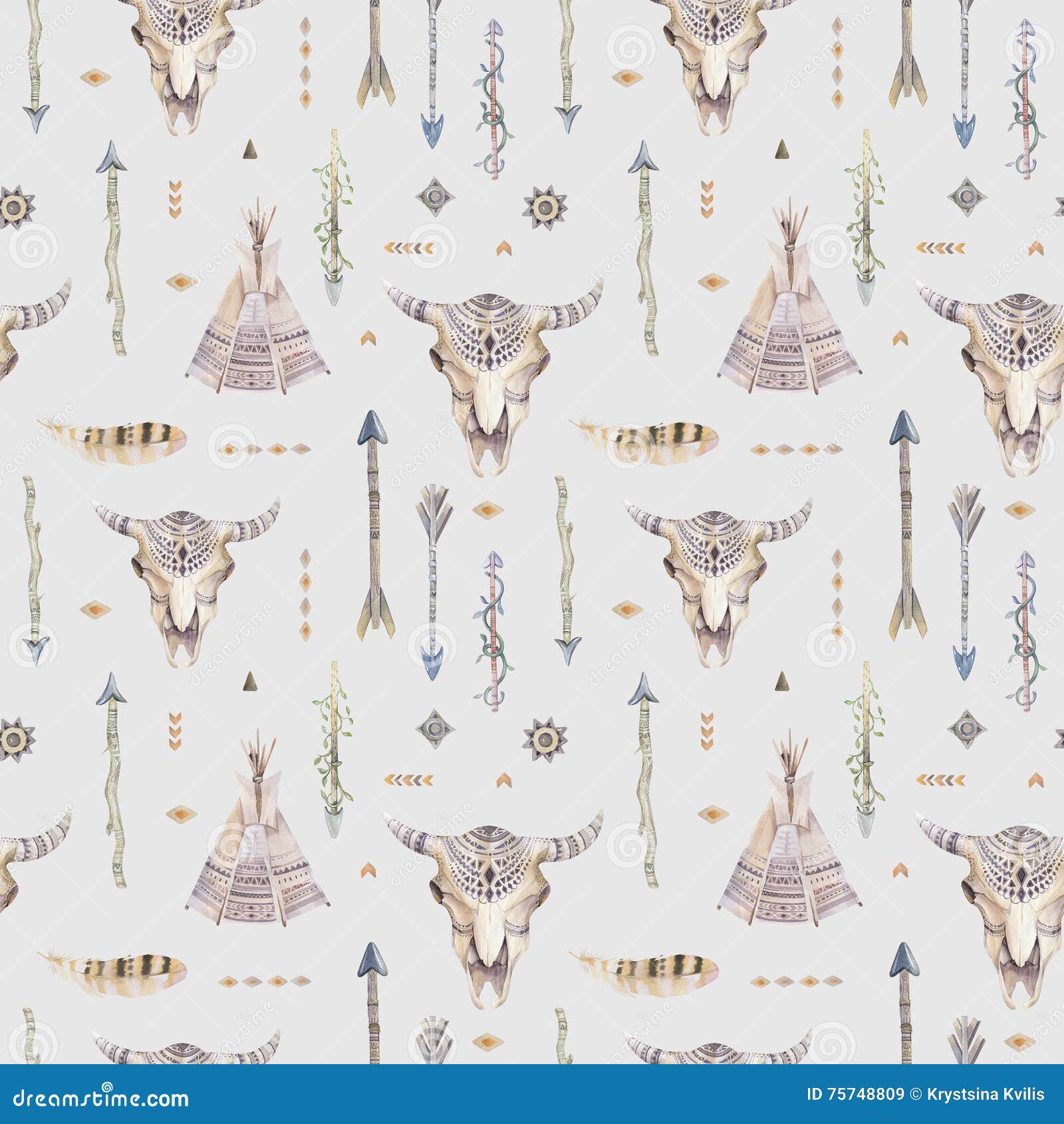 Watercolor Boho Seamless Pattern with Teepee, Arrows, Feathers, Stock ...