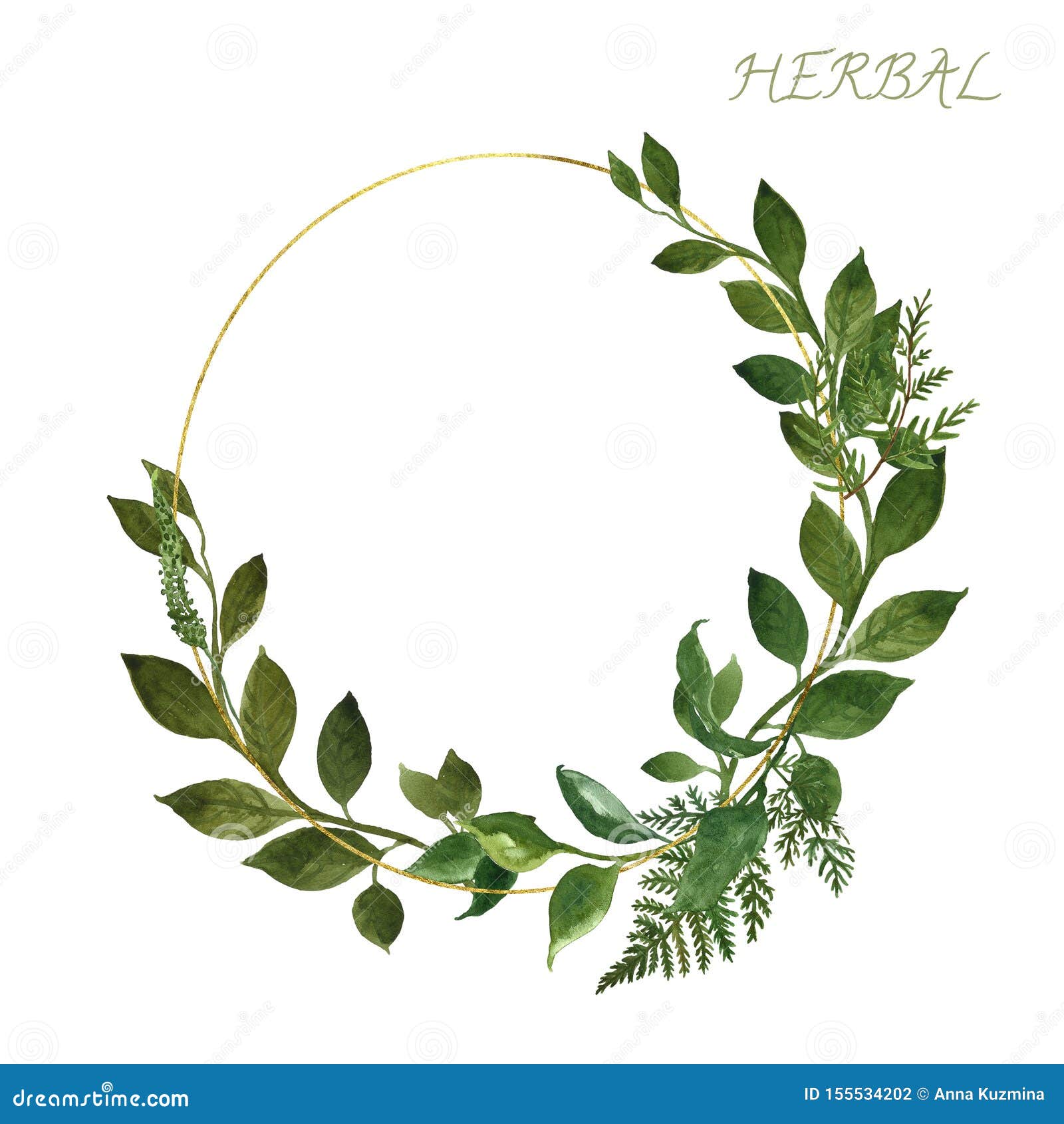 watercolor botanical golden frame with wild herbs and green leaves on white background. wedding invitation  template