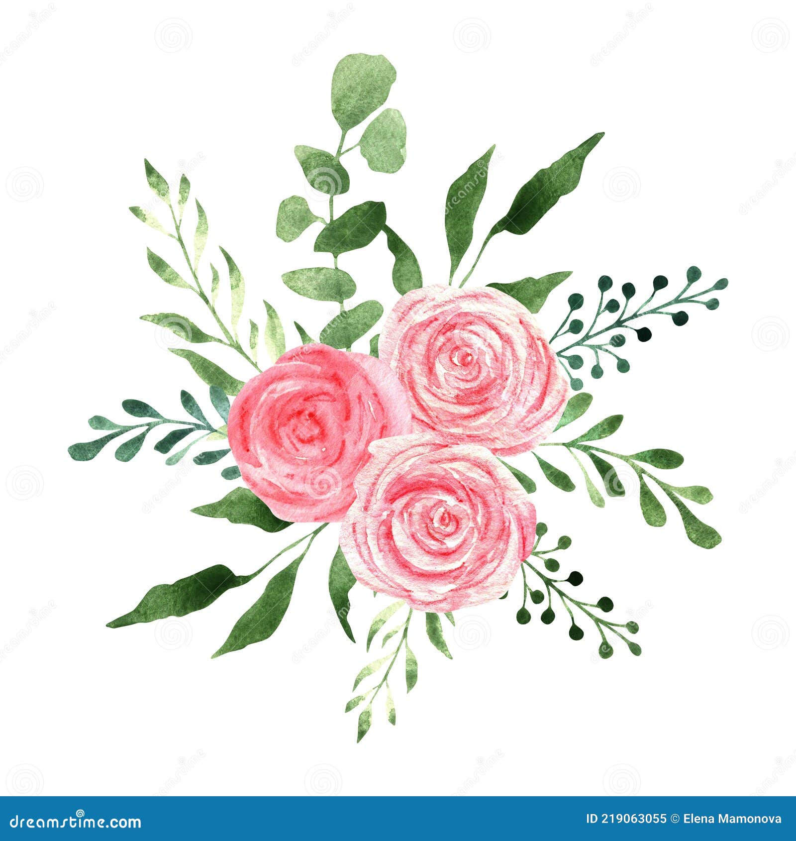 Watercolor Bouquet with Pink Roses, Green Foliage and Eucalyptus Leaves ...