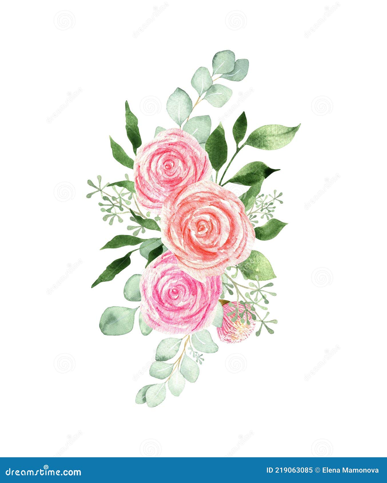 Watercolor Bouquet with Pink Roses, Green Foliage and Eucalyptus Leaves ...
