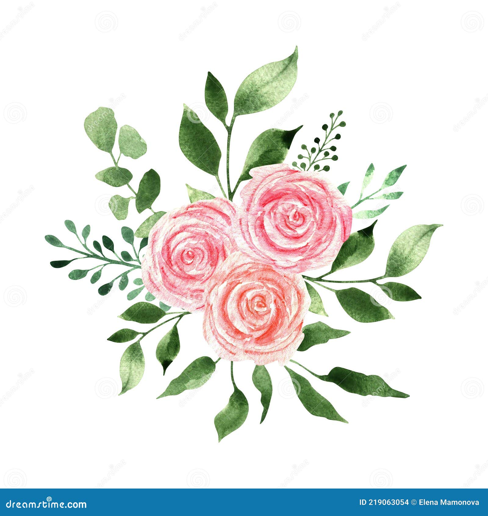 Watercolor Bouquet with Pink Roses, Green Foliage and Eucalyptus Leaves ...