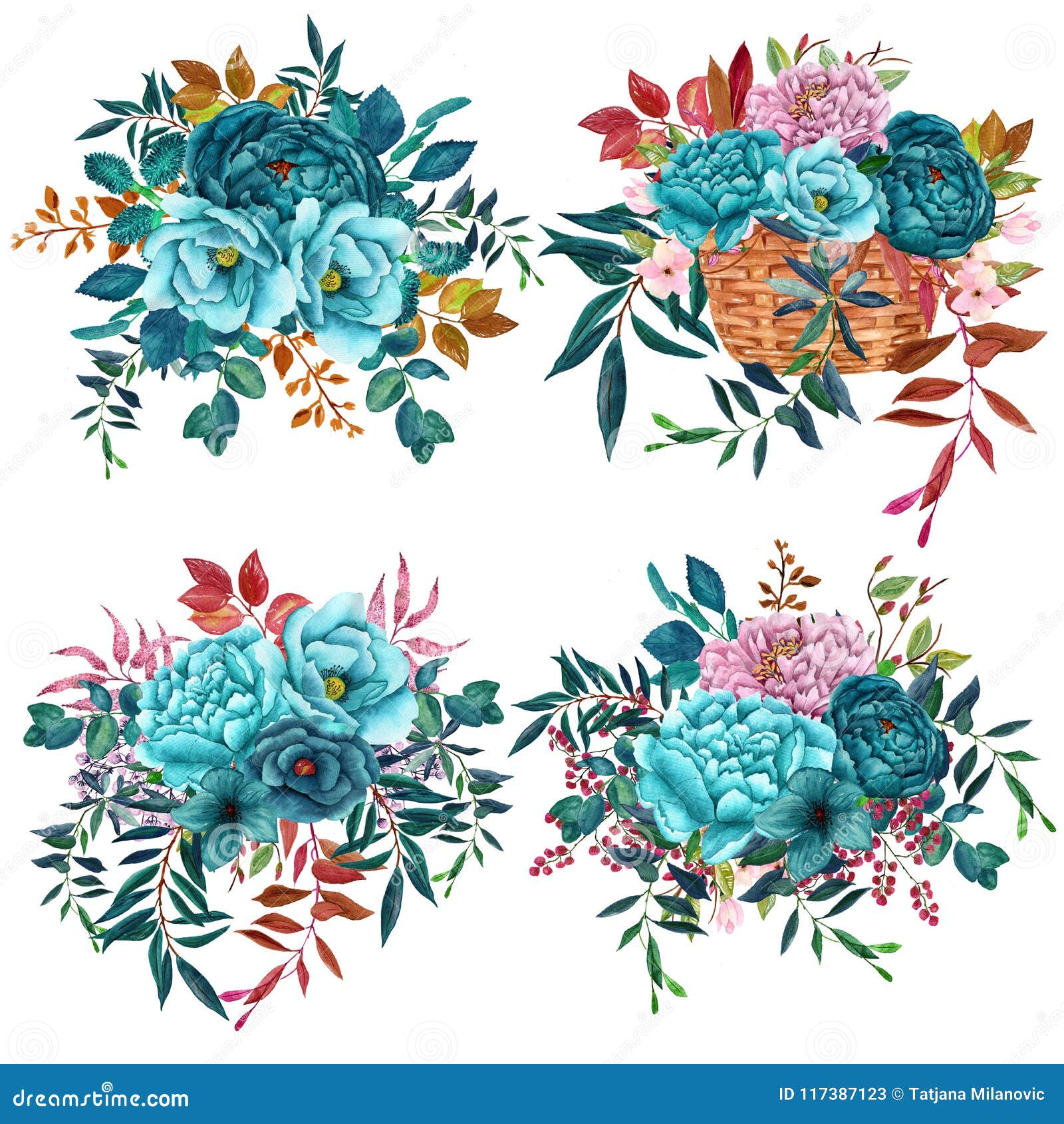 Watercolor Bouquets with Teal Flowers ...