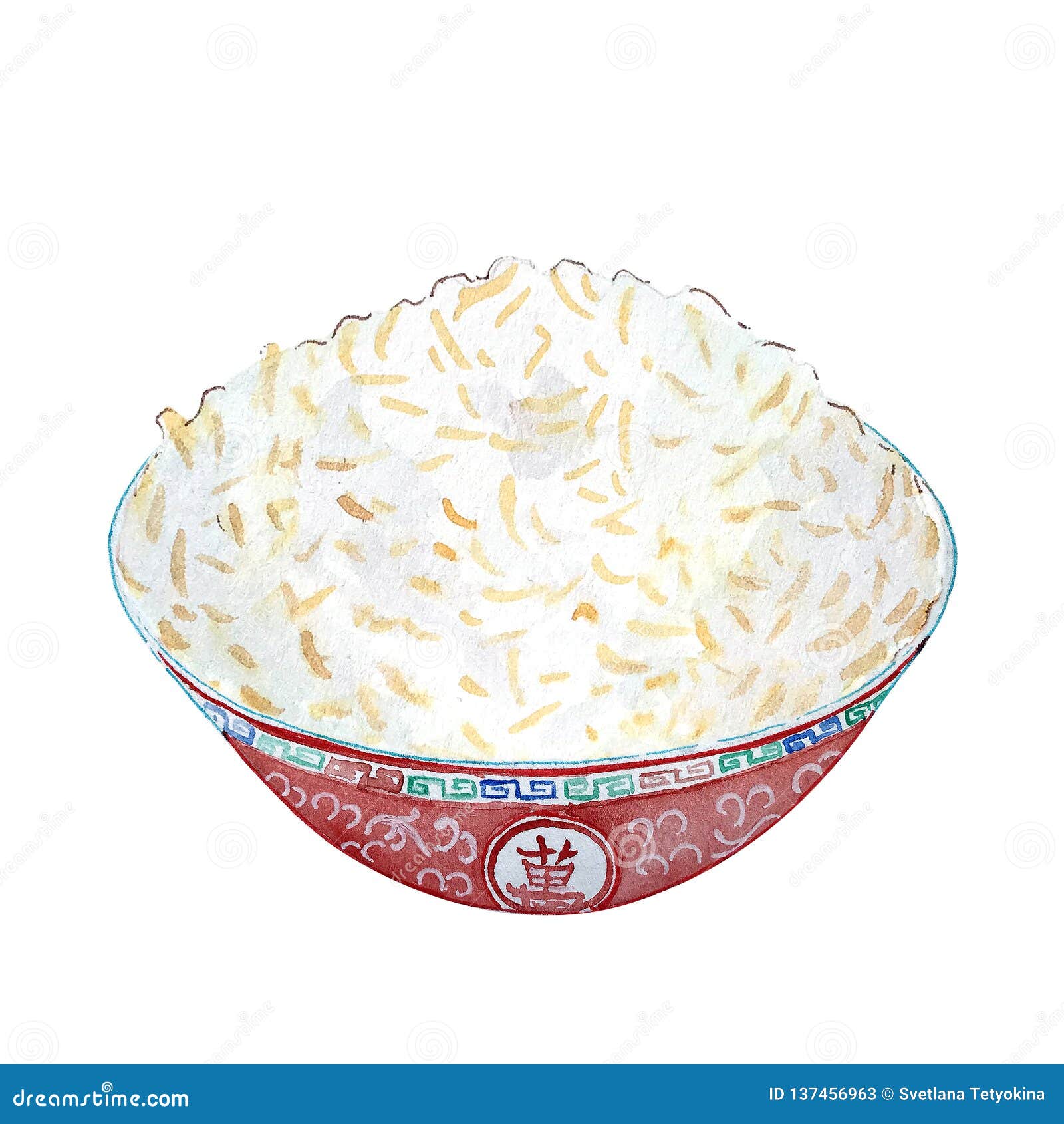 Watercolor bowl of rice isolated on white background. Hand drawn bowl of tasty hot fresh asian chinese, japanese, vietnamese, cambodian rice. Food in decorated red bowl