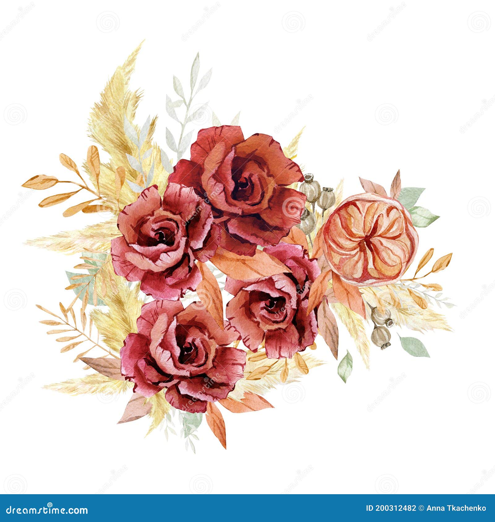 Watercolor Burgundy Floral Bouquet. Fall Autumn Flower in Boho Wedding  Style. Pampas Grass and Dried Wildfloral Stock Illustration - Illustration  of drawn, beige: 200312482