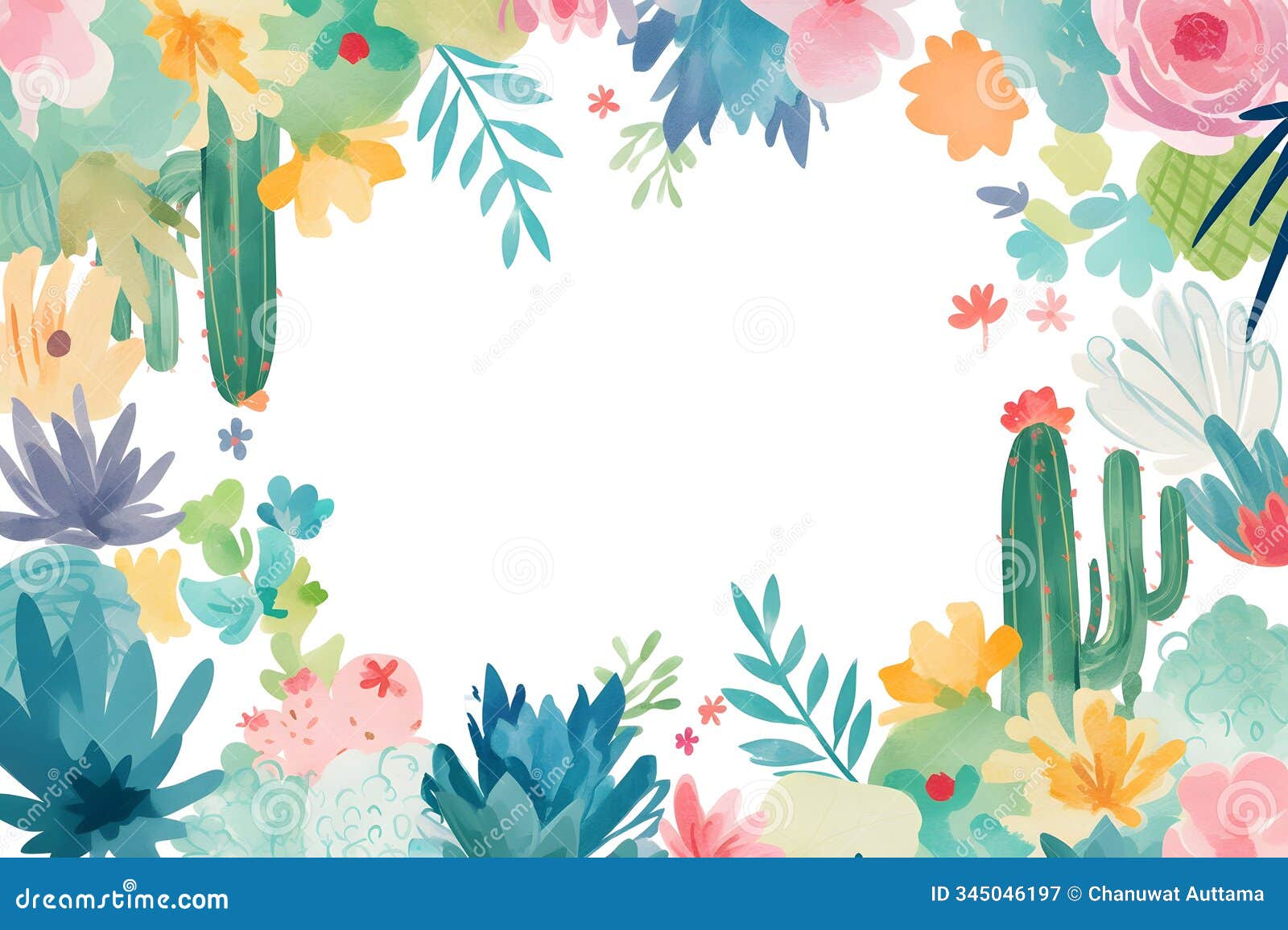 watercolor cactus and floral border frame for  projects