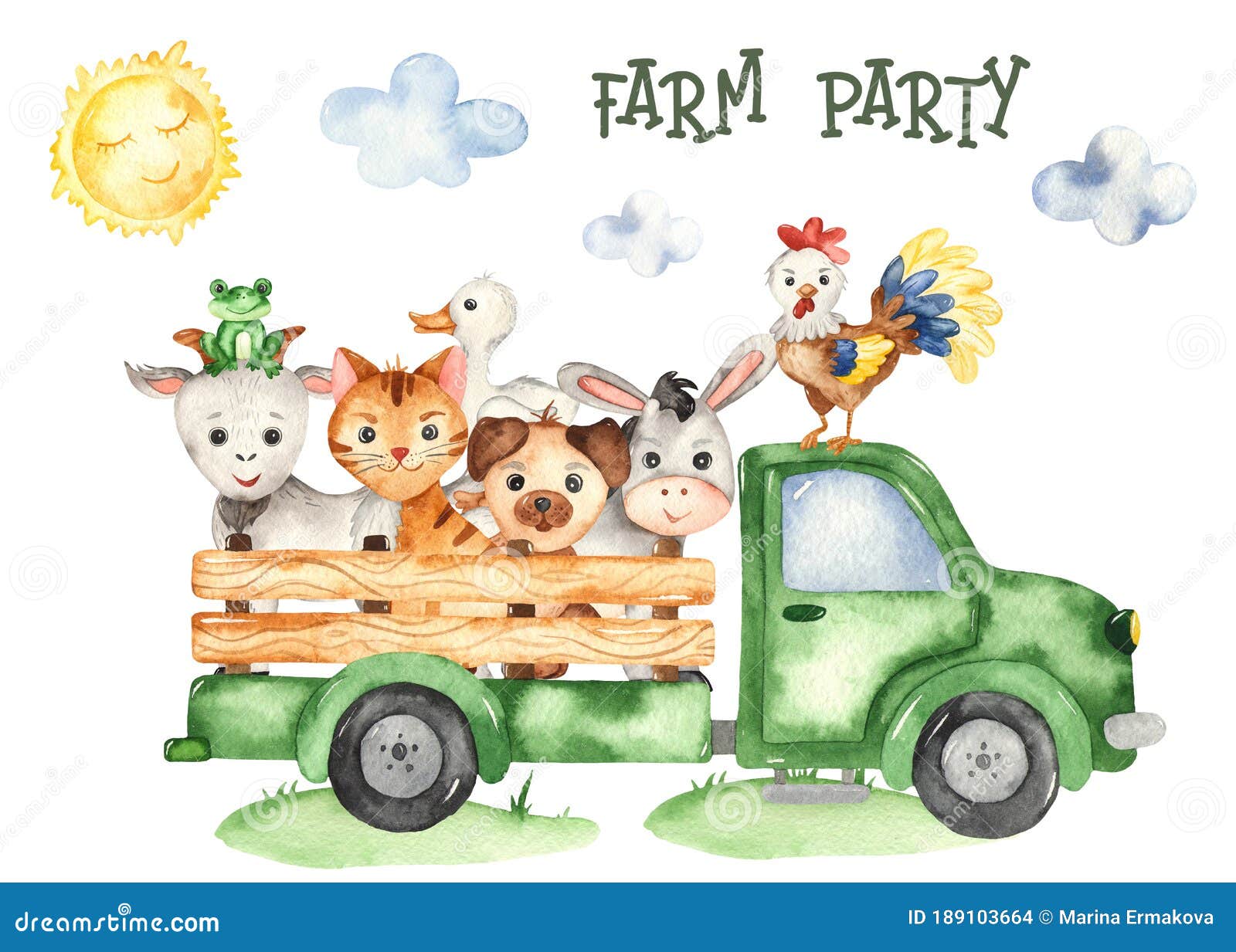 Download Watercolor Card With Farm Animals Donkey Goose Chicken Frog Rooster In A Farm Truck Stock Illustration Illustration Of Birthday Party 189103664