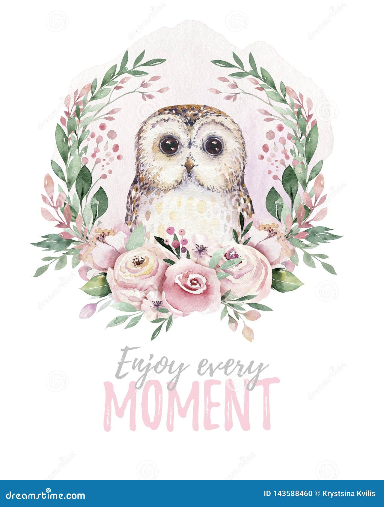 watercolor cartoon  cute baby owl animal with flowers. forest nursery woodland . bohemian boho