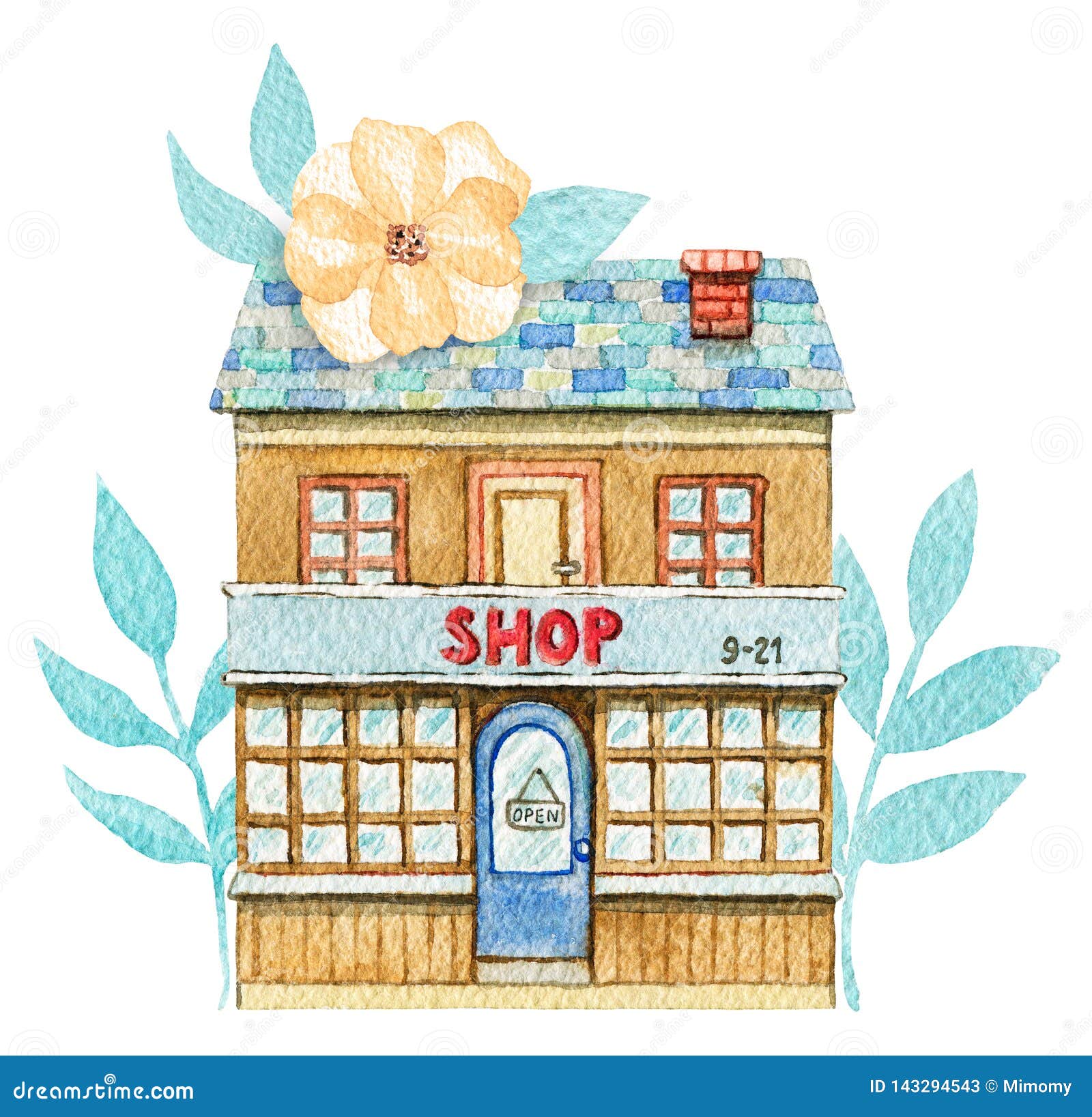 Watercolor Cartoon Market Building in Flowers Isolated Stock Illustration -  Illustration of grocer, food: 143294543