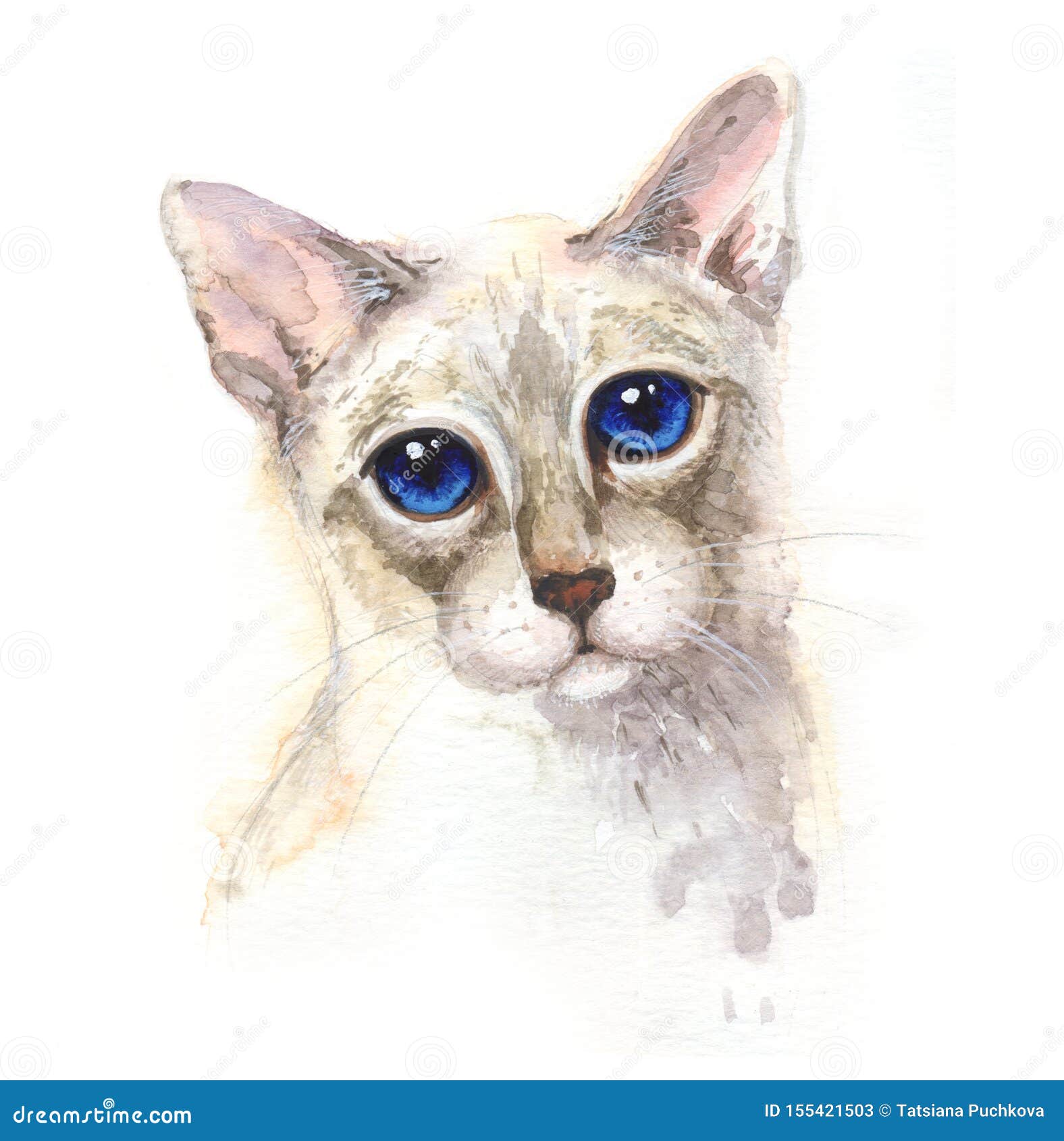 Watercolor Cat`s Portrait. Cat with Big Blue Eyes. Stock Illustration