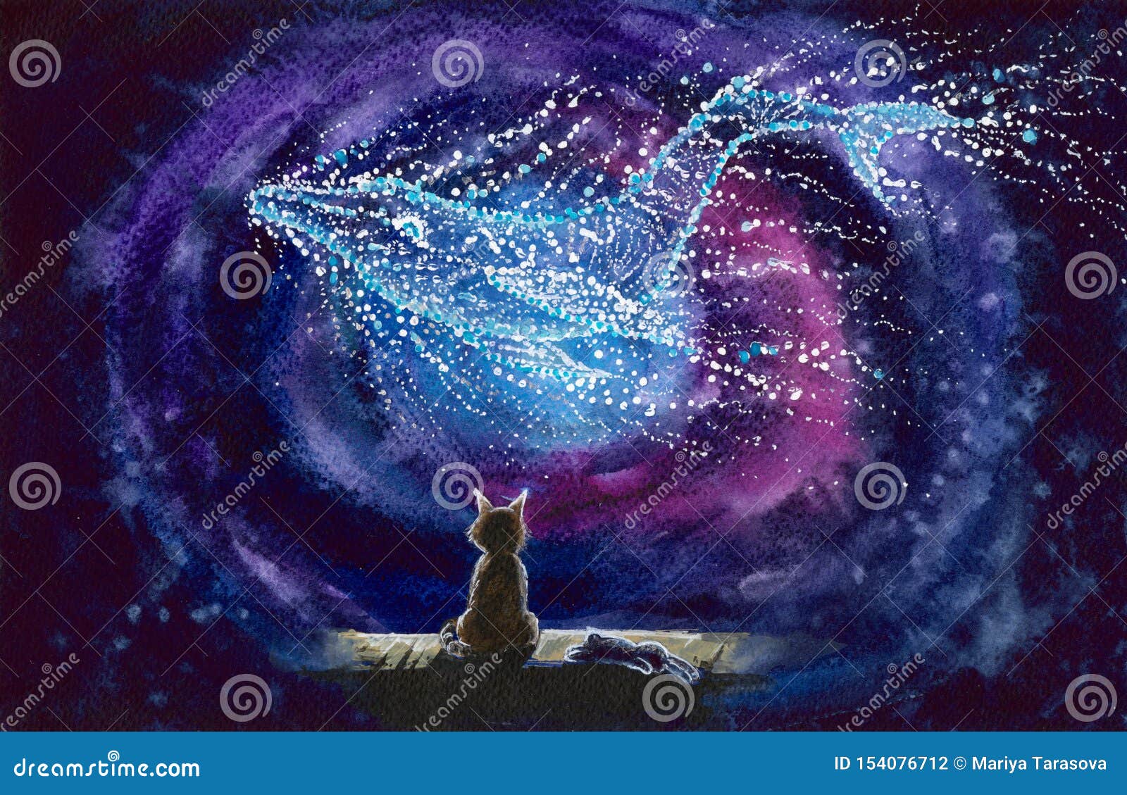 watercolor cat with starry whale constellation