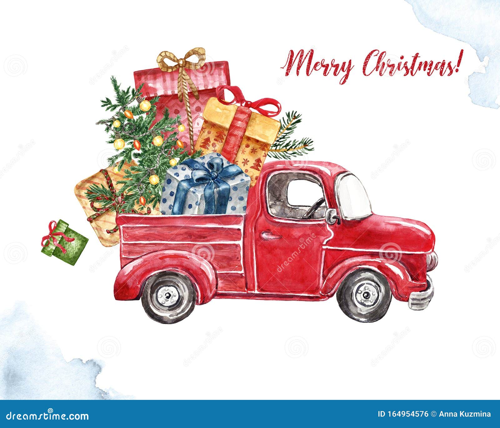 watercolor christmas car . red vintage truck with holiday fir tree and gifts,  on white background.