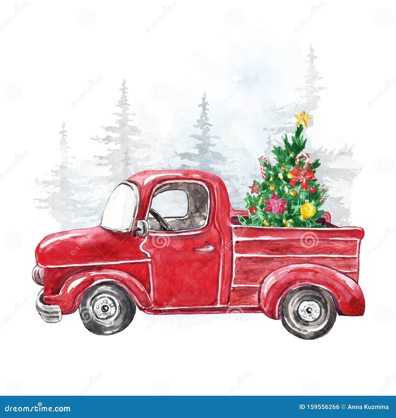 Watercolor Christmas Card Template With Hand Painted Abstract Retro Truck And Fir Tree Winter Snowy Forest Illustration Stock Photo Image Of Drawing Card 159556266