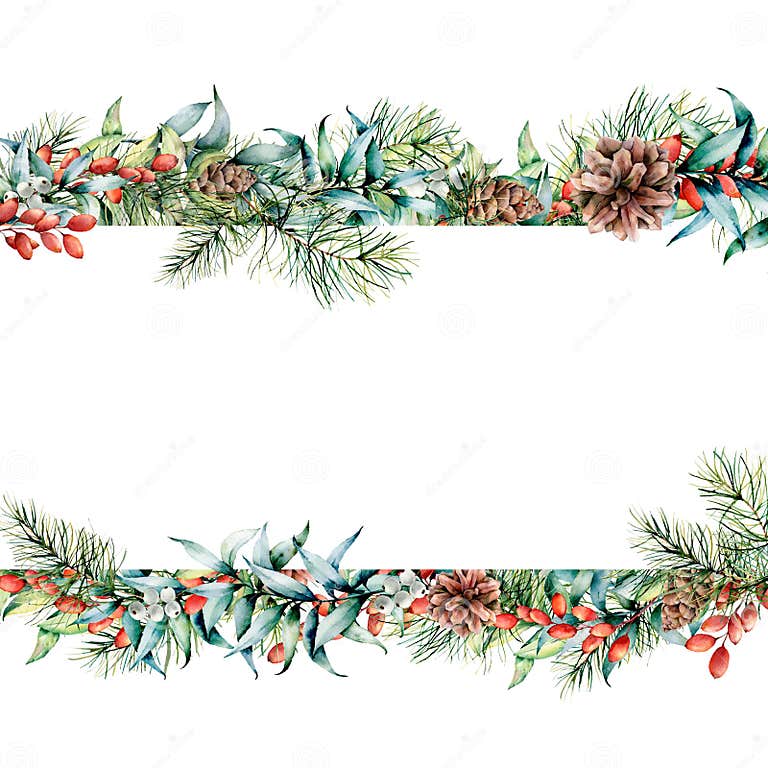 Watercolor Christmas Floral Banner. Hand Painted Floral Garland with ...