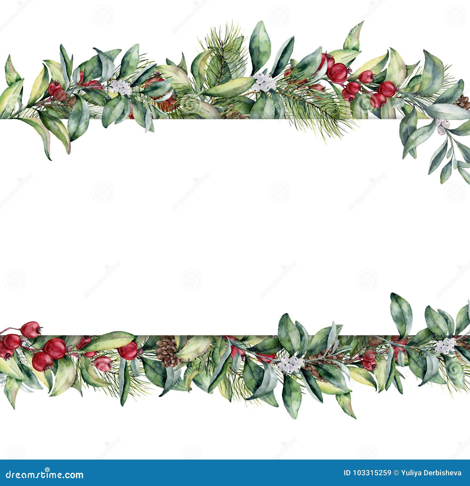 watercolor christmas floral banner. hand painted floral garland with berries and fir branch, pine cone, bells and ribbon