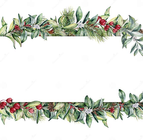 Watercolor Christmas Floral Banner. Hand Painted Floral Garland with ...