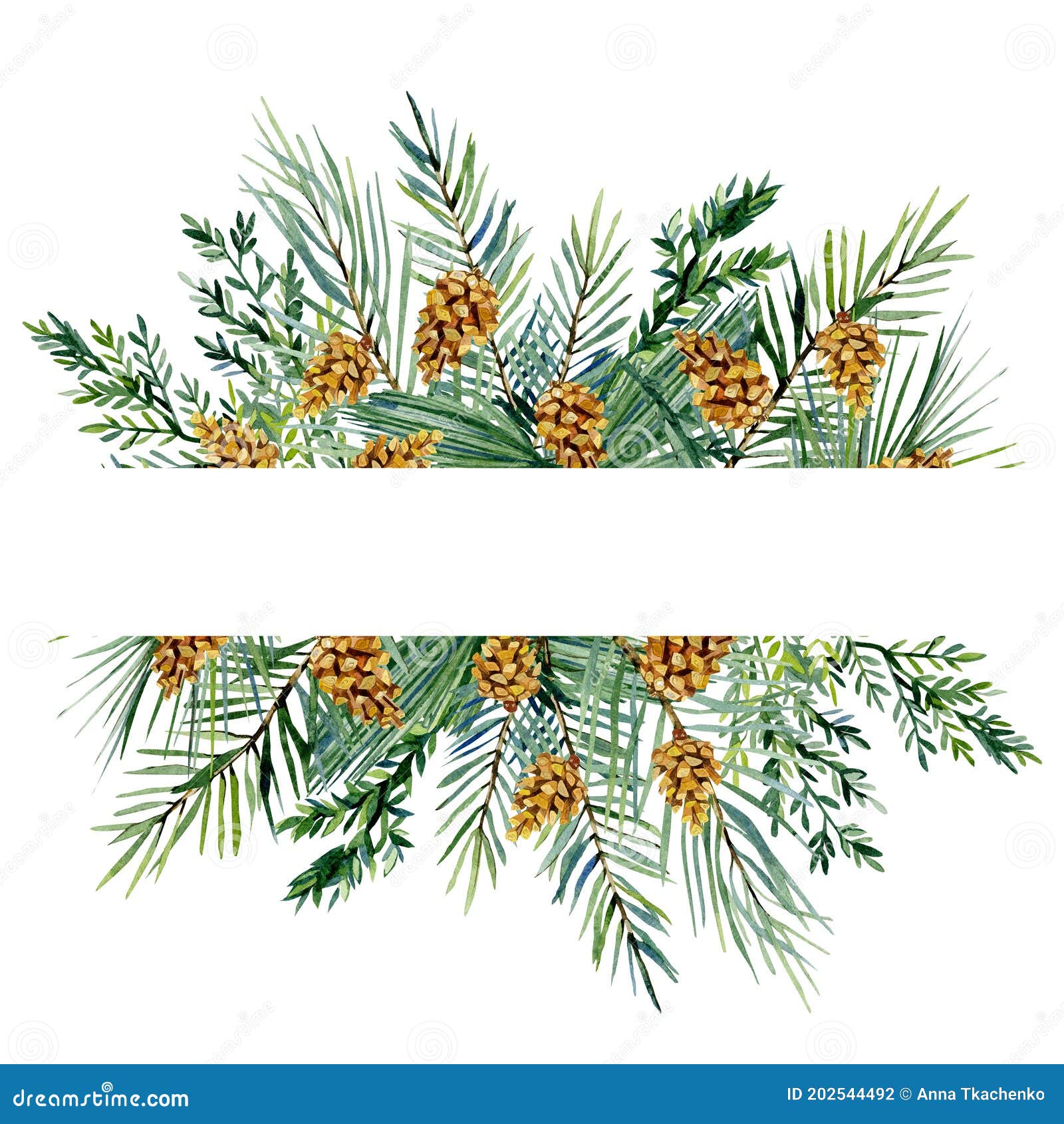Watercolor Christmas Frame with Fir Branches, Leaves, Pine, Cone ...
