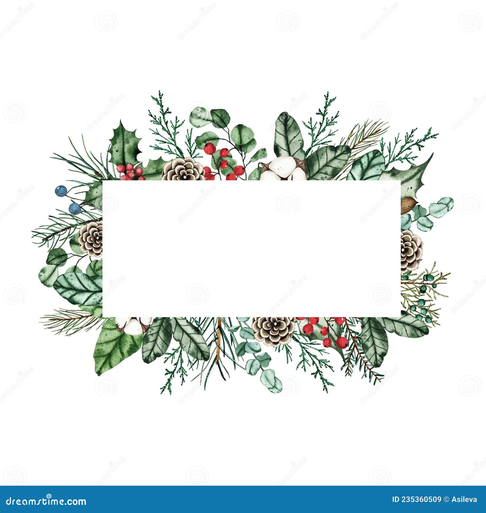 Watercolor Christmas Frame with Fir Branches, Pine Cone, Cotton, Leaves ...