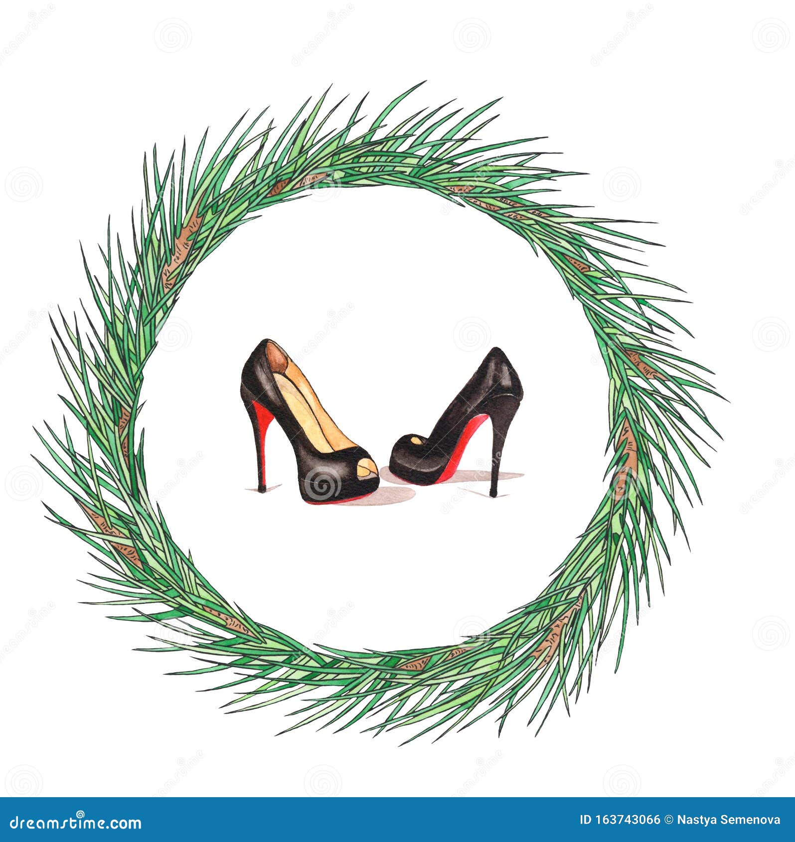 lækage Danmark Ugle Watercolor Christmas Wreath with Louboutin Shoes. New Year Card  Illustration. Holiday Design Stock Photo - Image of hand, painting:  163743066