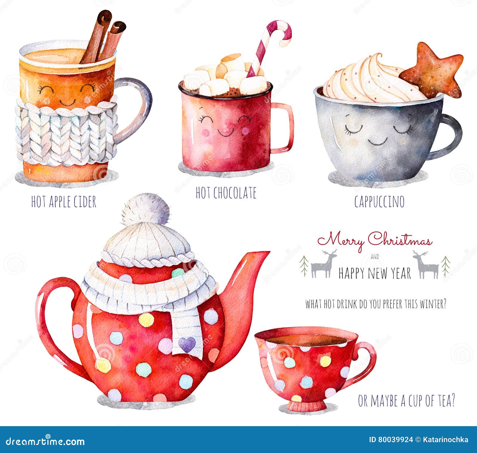 watercolor collection with a choice of hot drinks:apple cider,tea,chocolate,cappuccino.
