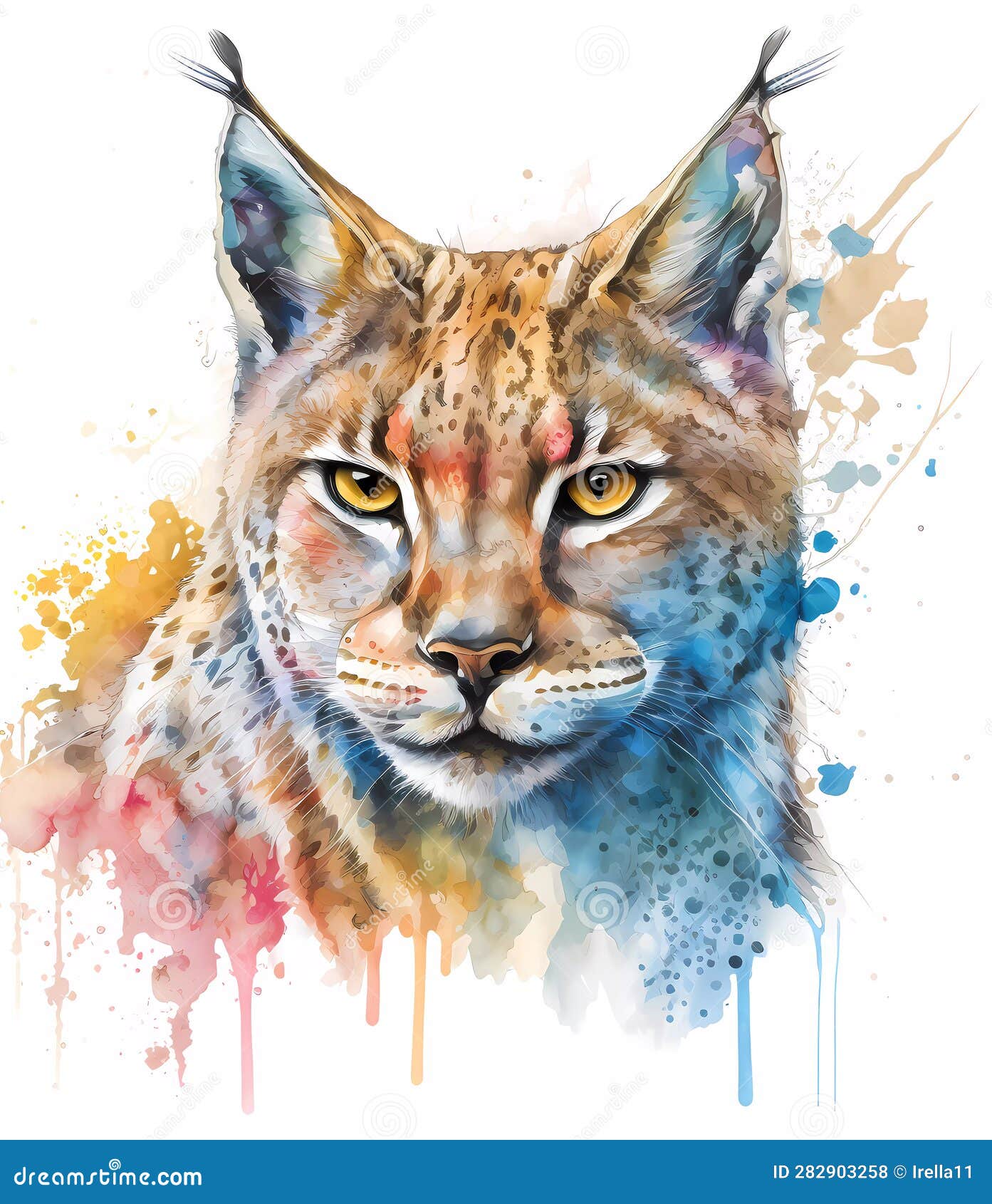 watercolor colorful lynx cat head painting. realistic animal  on white background