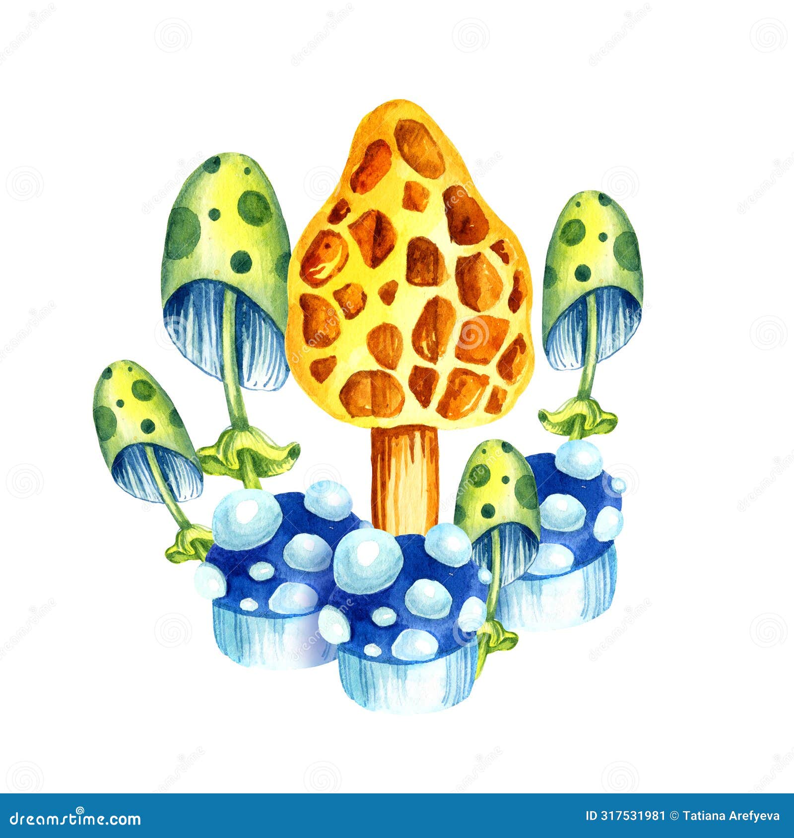 watercolor composition of fantastic cosmic multicolor mushrooms white background, hand draw  with magic