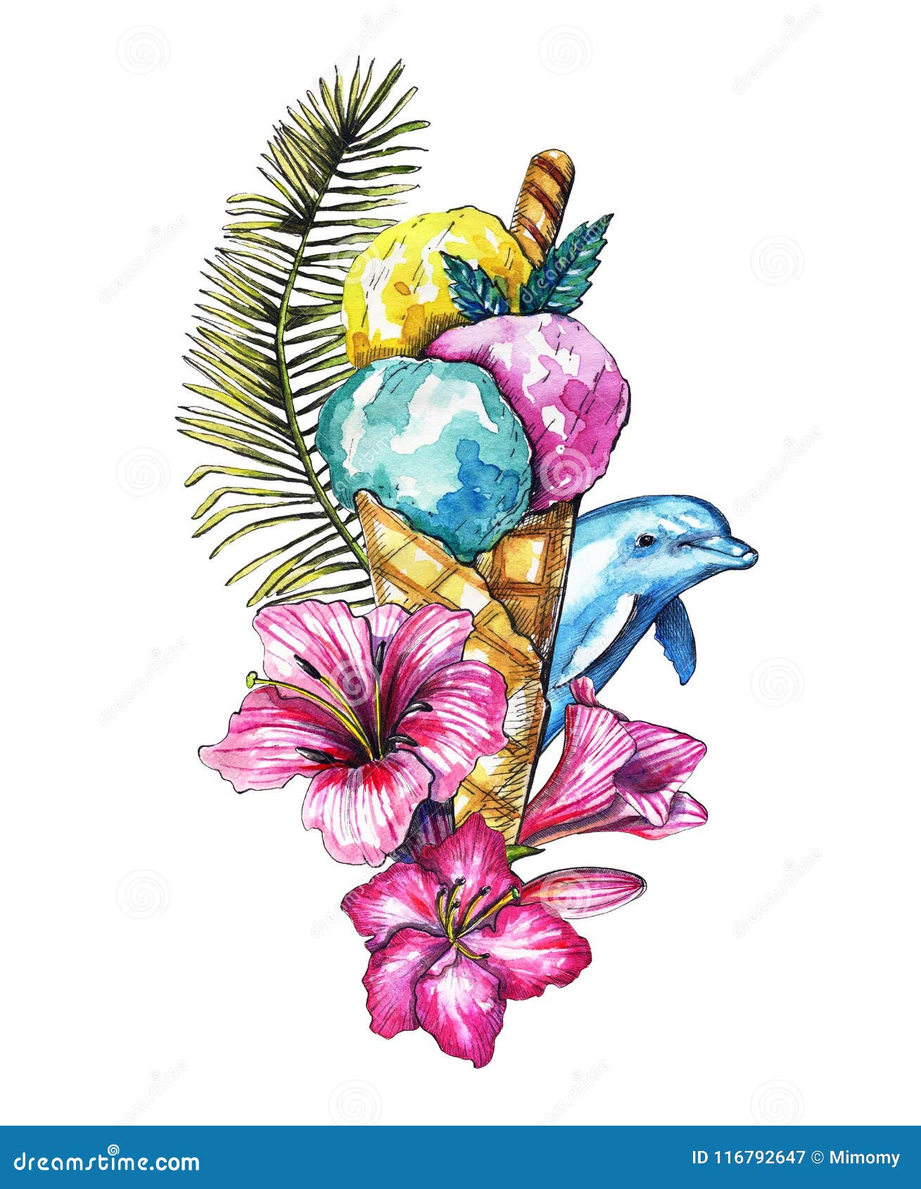 watercolor composition with ice cream, branch, flowers and dolph