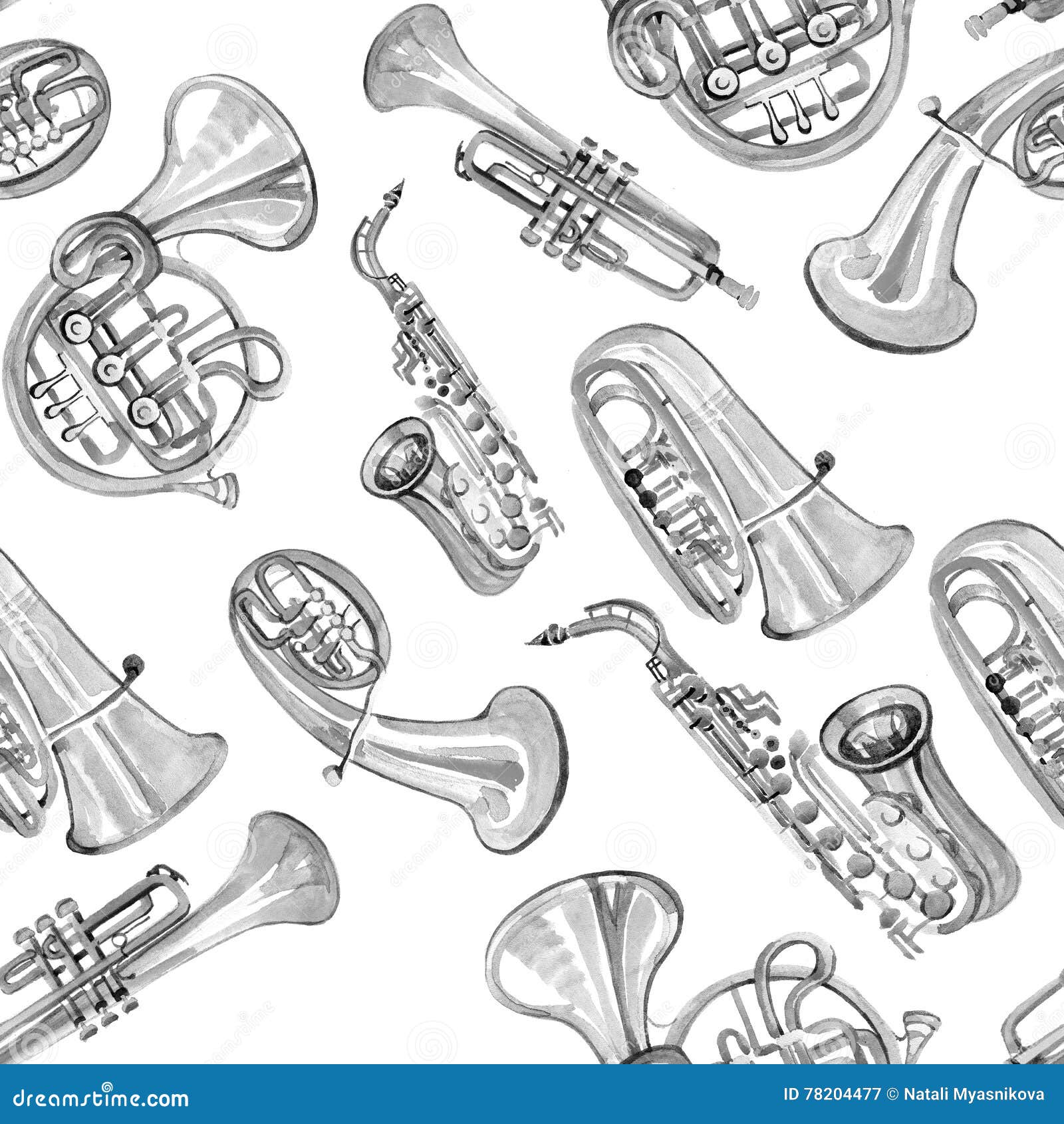 Watercolor Copper Brass Band Music Pattern Stock Illustration Illustration of musician, album