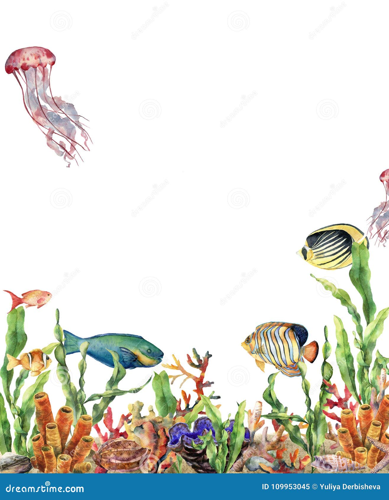 Watercolor Coral Reef Composition. Hand Painted Underwater Illustration ...