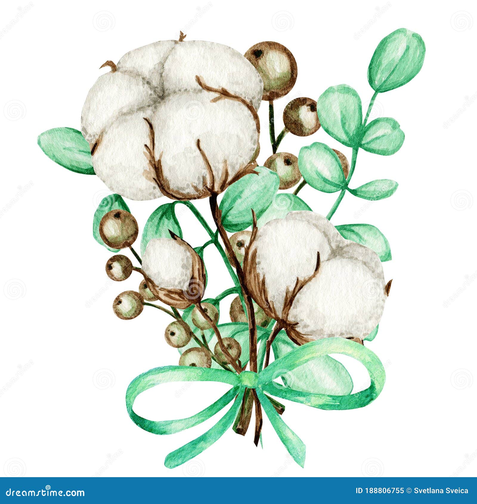 Watercolor Cotton Bouquet. Botanical Hand Drawn Eco Wedding Card ...