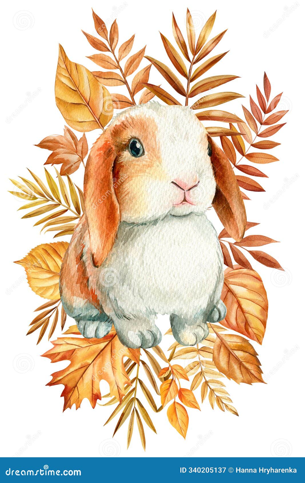 watercolor cute bunny surrounded by warm-toned autumn leaves, fall foliage animal. cozy autumn vibes.  print, card