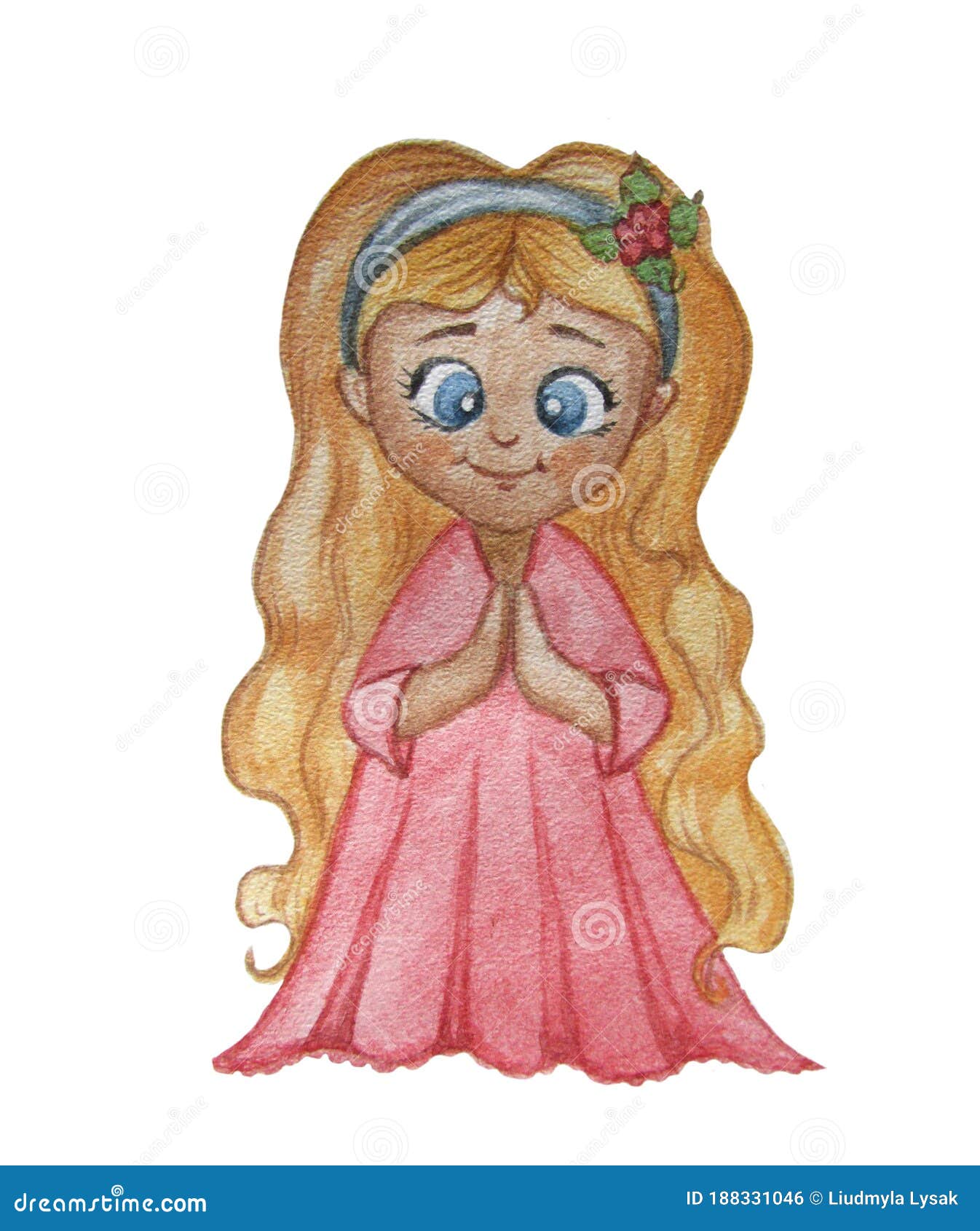 Watercolor Cute Illustration Of A Girl. Princess, Fairy Blonde With Long Hair In A Pink Dress. Hand Drawing Paints Stock Photo - Image Of Female, Drawing: 188331046
