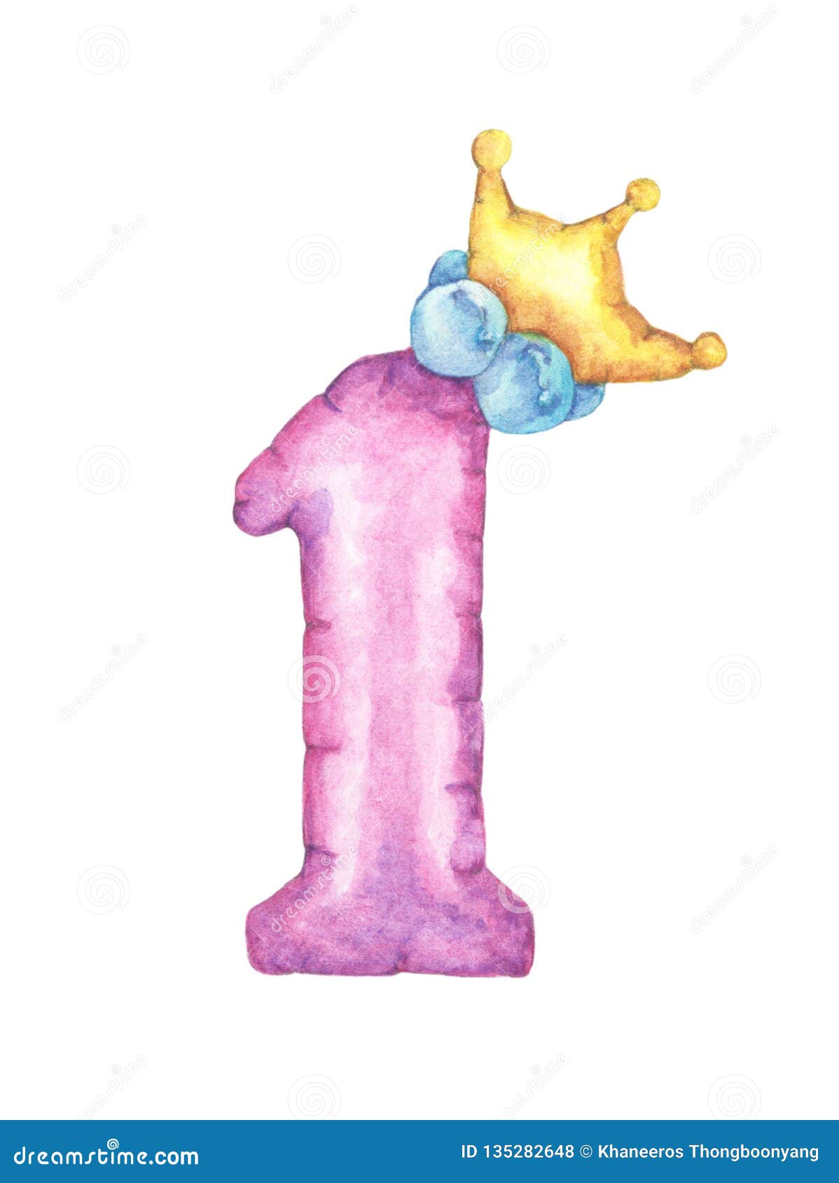 Watercolor Cute Number 1. Number One with Crown. Stock Illustration