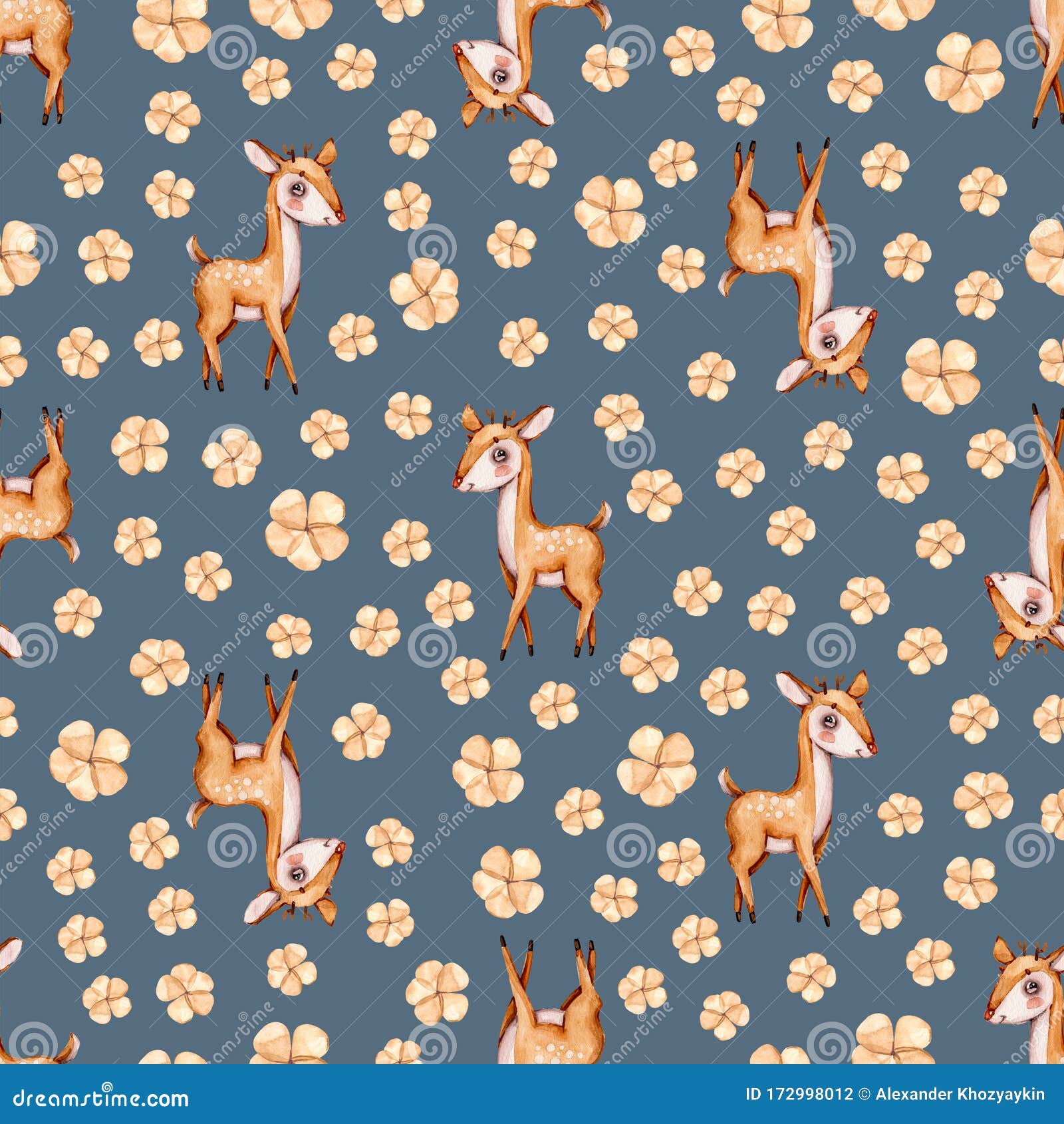 watercolor cute nursery naive hand painted seamless pattern with deer forest woodland animal childish handpainted print