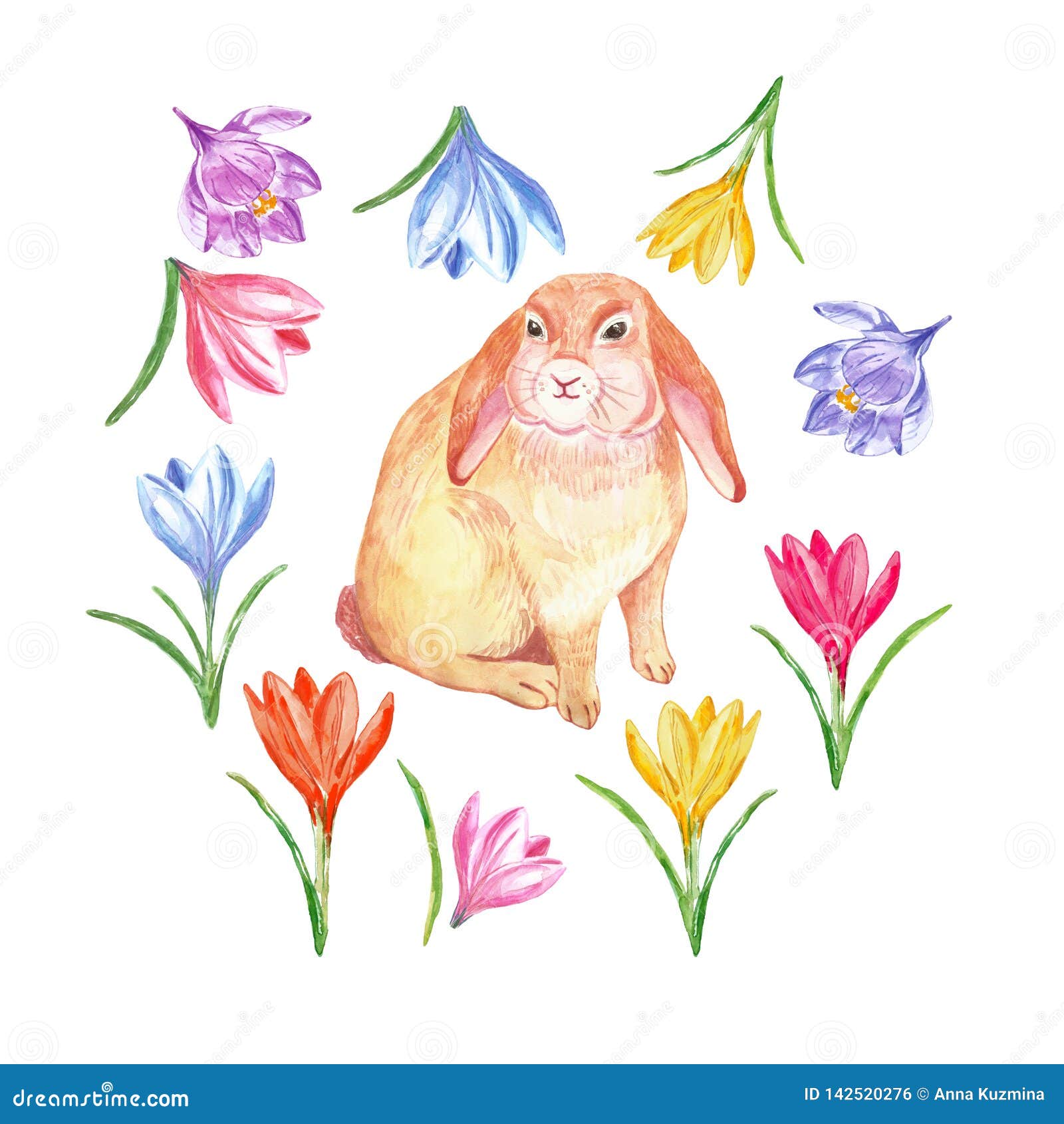 watercolor cute rabbit  on wite background. easter bunny with colorful spring flowers for cards, invitations