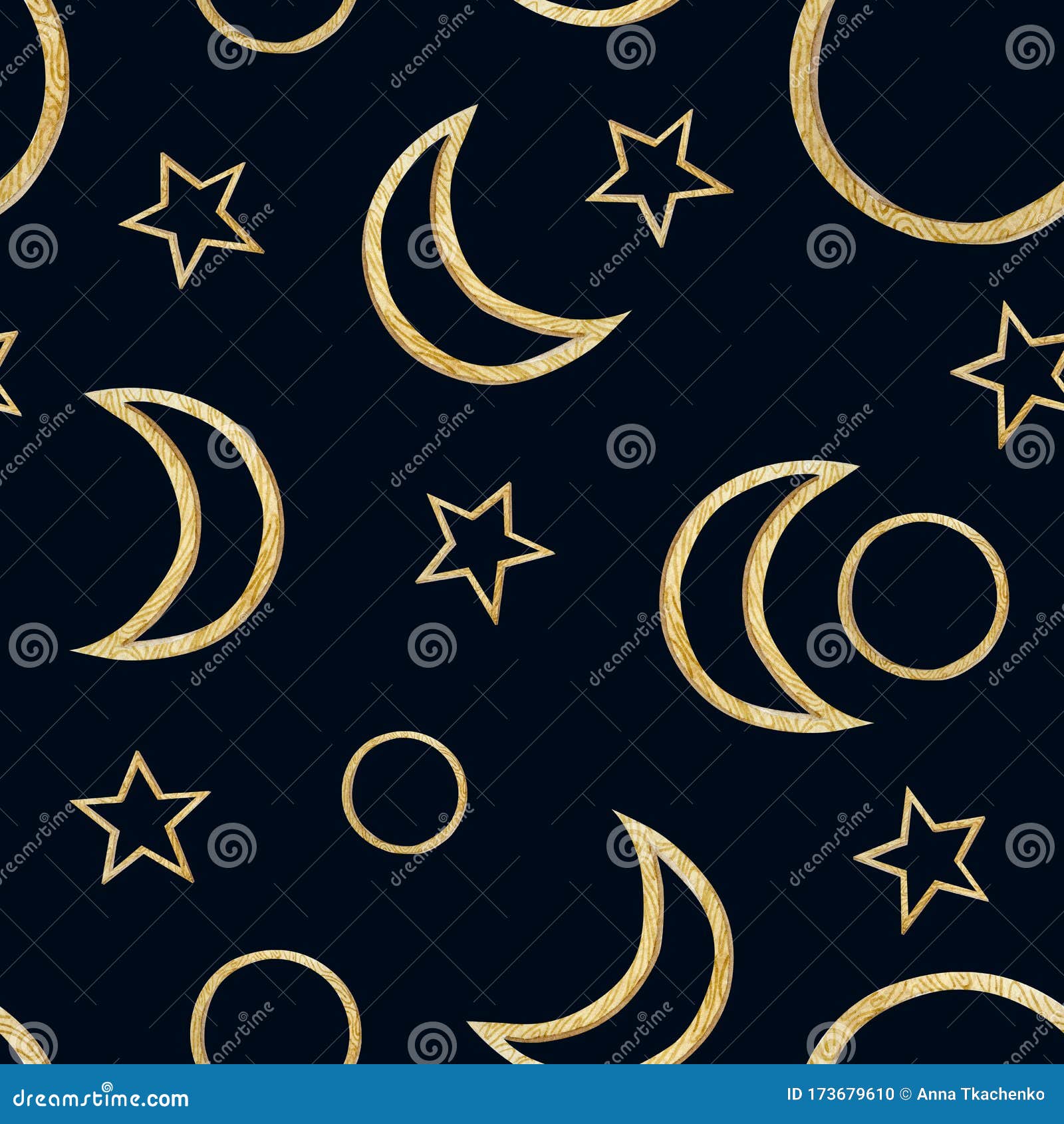 Watercolor Cute Seamless Pattern With Various Moon Phases Ansd Space