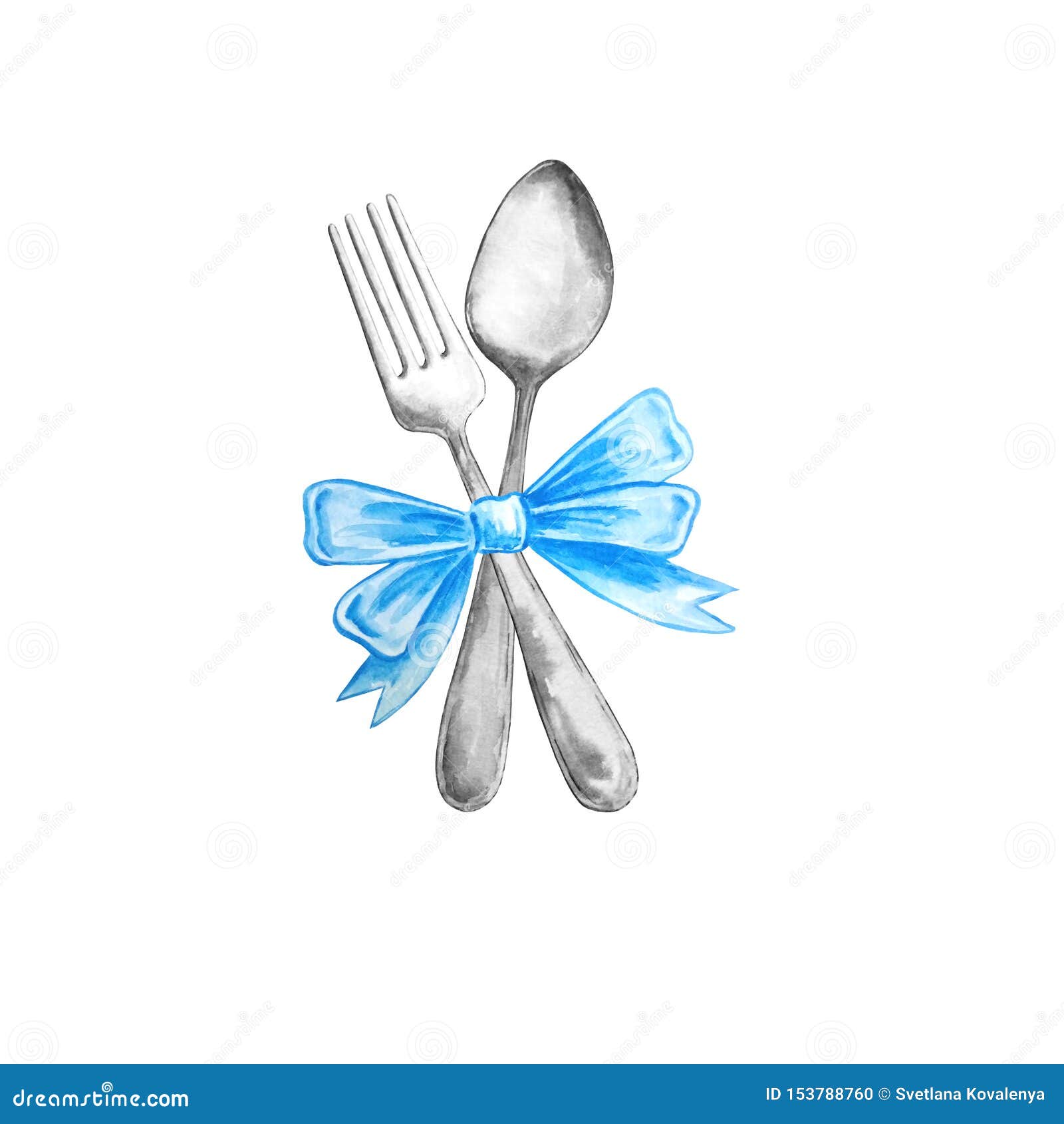 watercolor cutlery, silver, spoon and fork with bow
