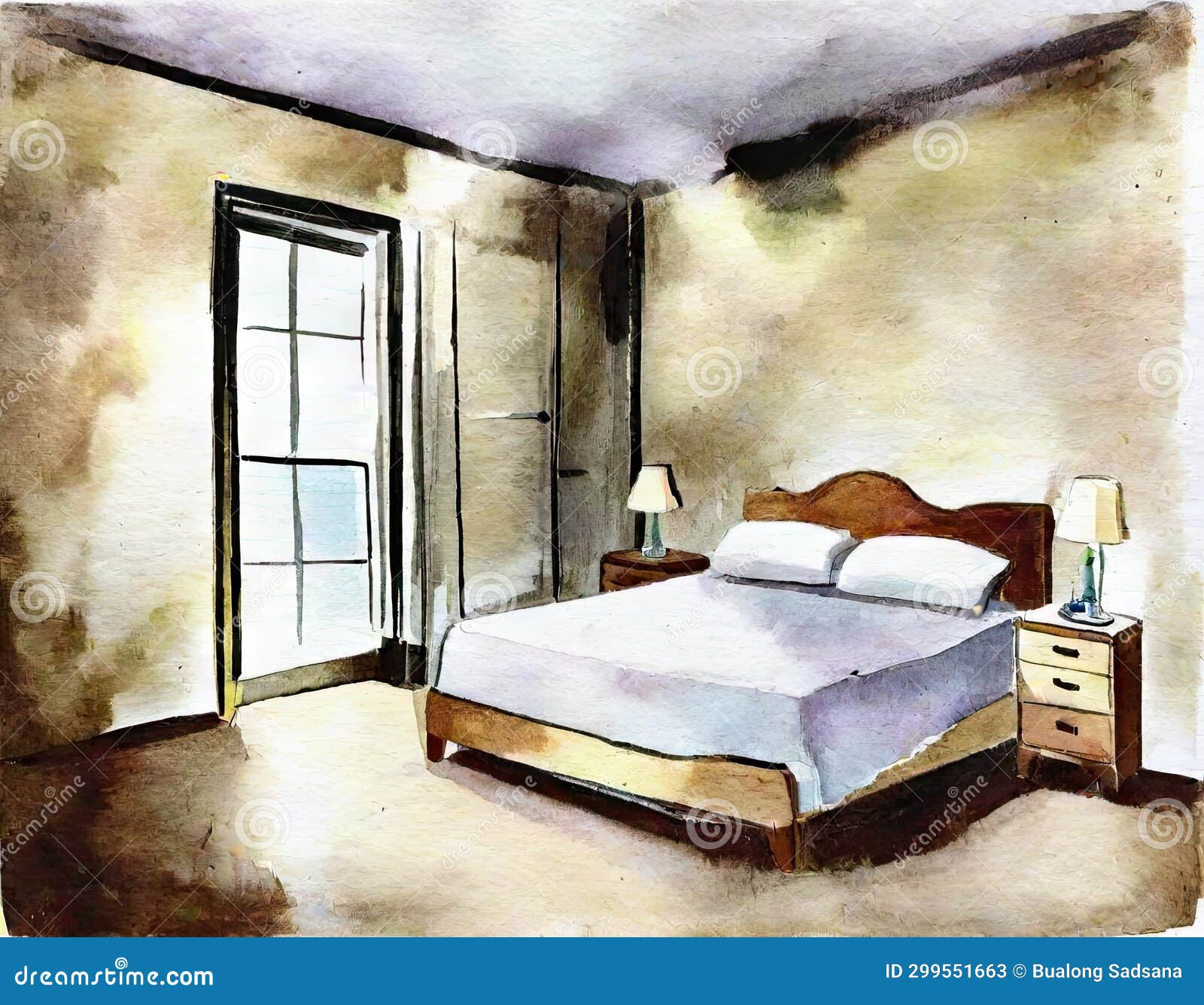 Watercolor of Damp and Damaged Bedroom with a Wet Stock Illustration