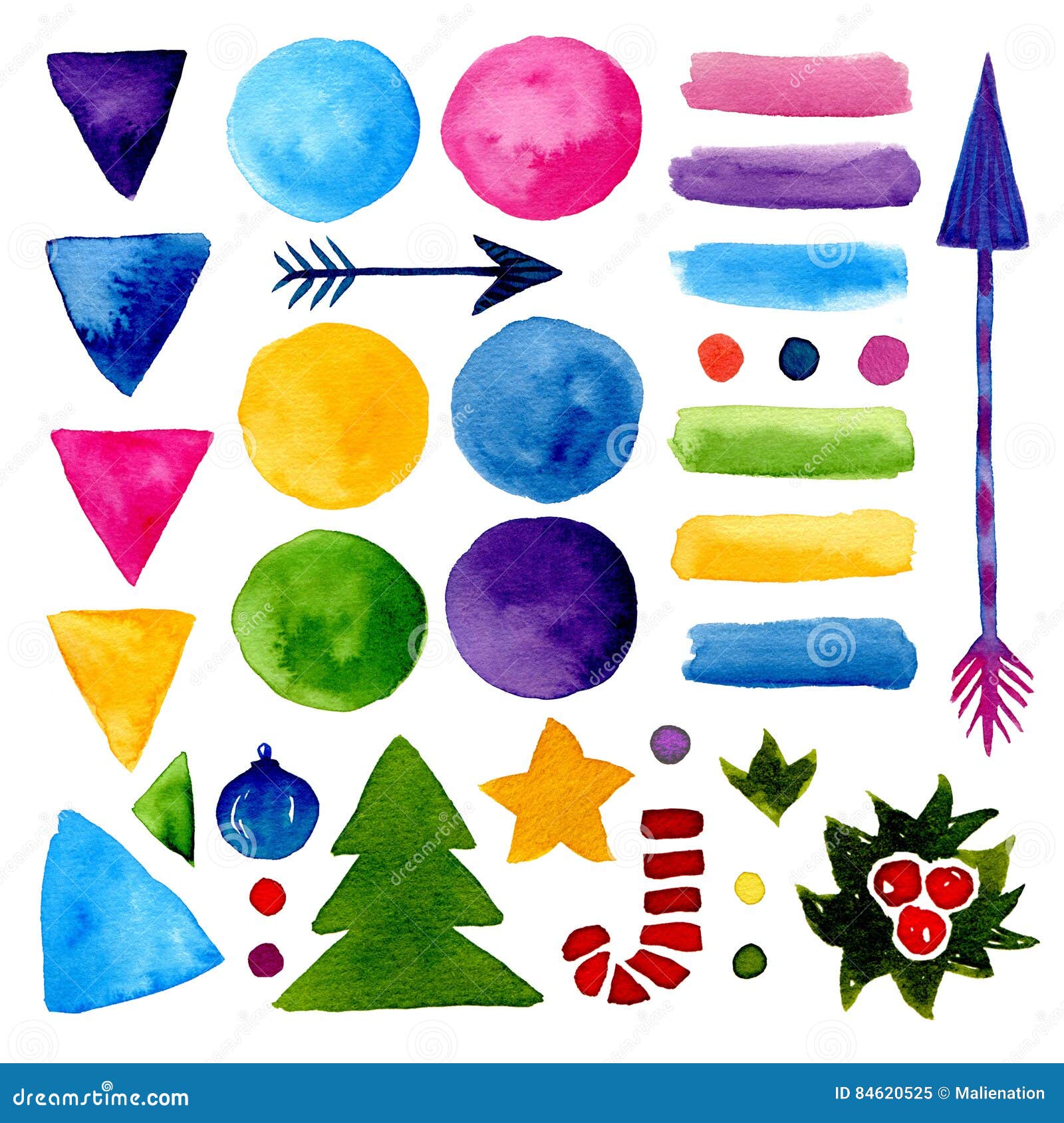 Watercolor Decorations. Hand Paint Shapes and New Year Elements Stock