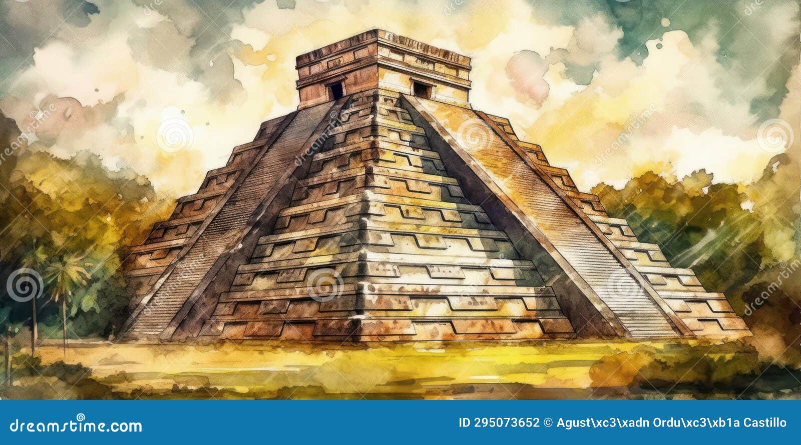 watercolor drawing of the chichen itza monument of the mayans.