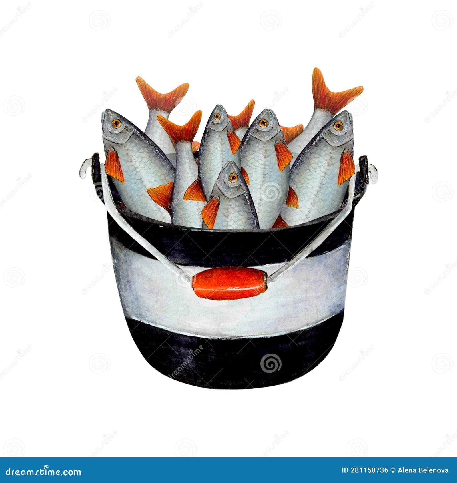Watercolor Drawing Fishing Bucket, Black and White with Red Handle