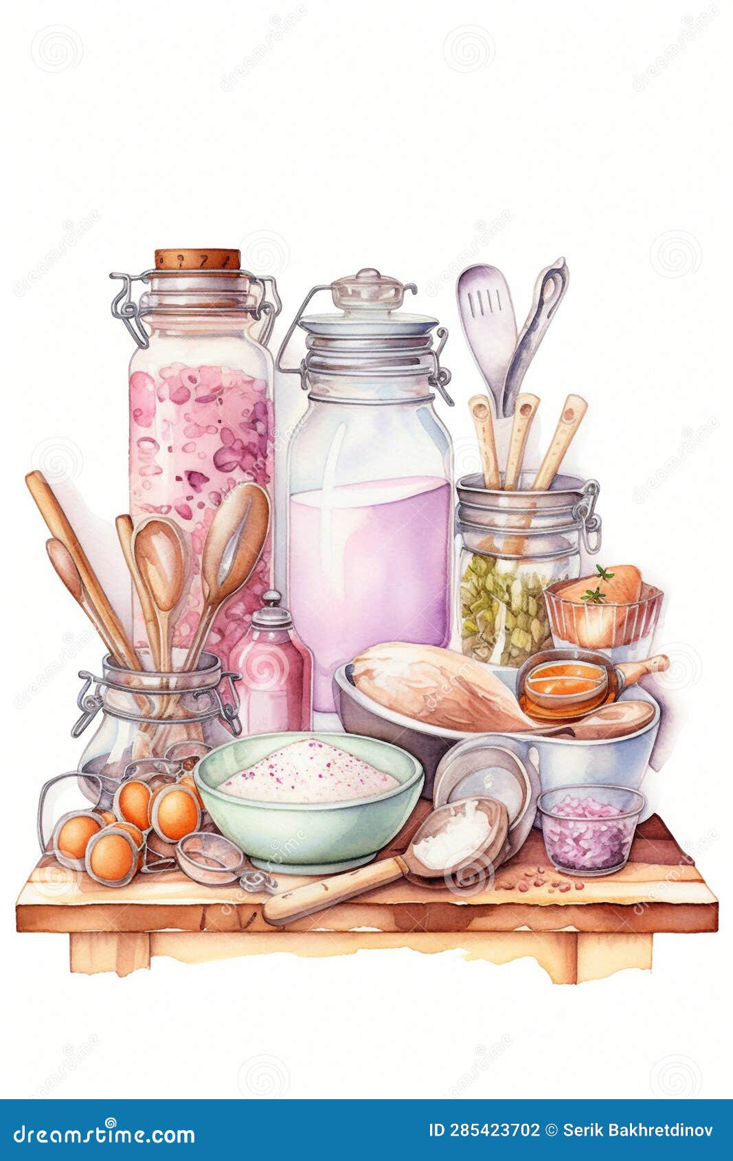 Watercolor Drawing of Kitchen Utensils in Pastel Colors Stock Photo